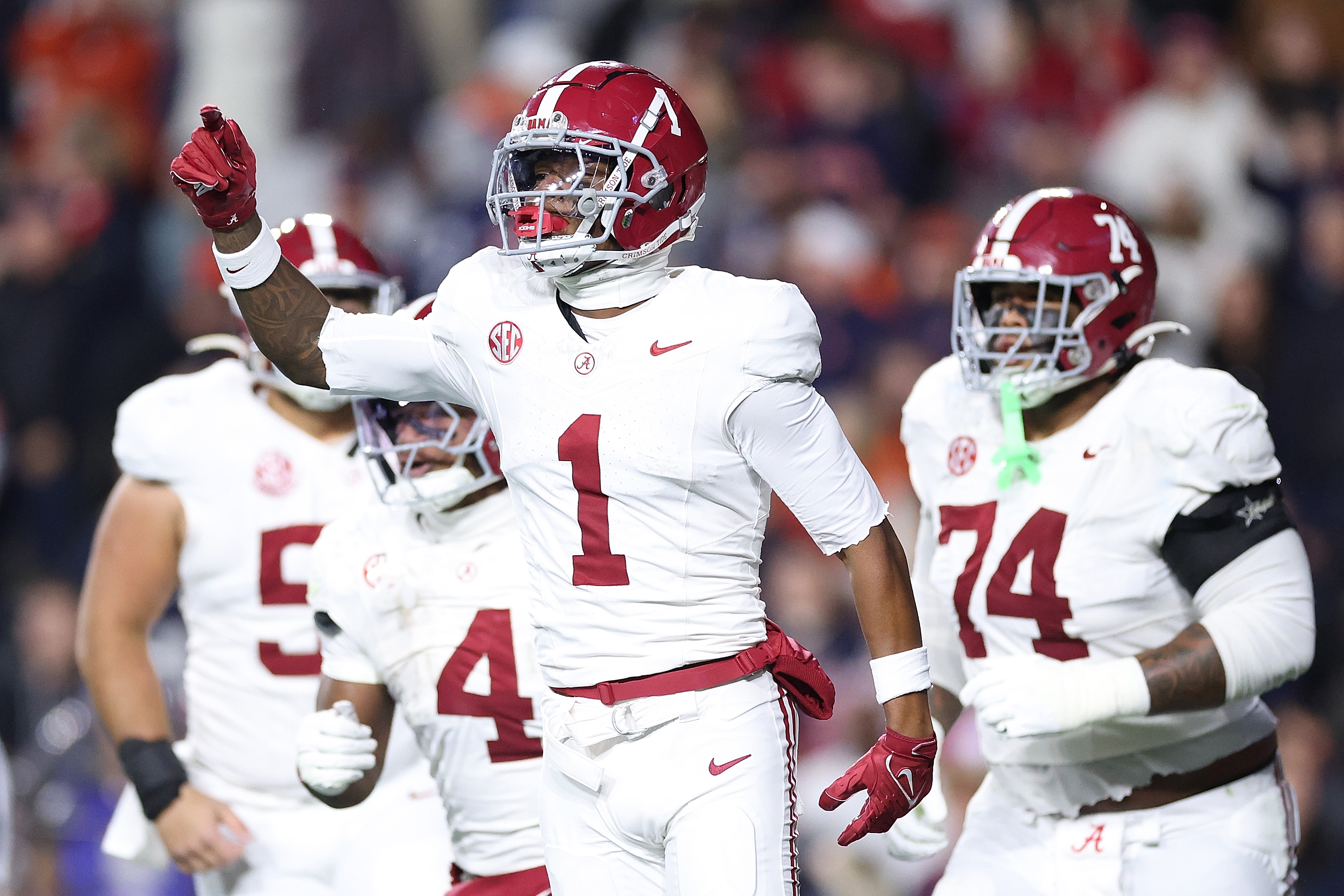 AUBURN, ALABAMA - NOVEMBER 29: Isaiah Horton #1 of the Alabama Crimson Tide reacts after a touchdown reception against the Auburn Tigers during the first quarter at Jordan-Hare Stadium on November 29, 2025 in Auburn, Alabama. (Photo by Kevin C. Cox/Getty Images)