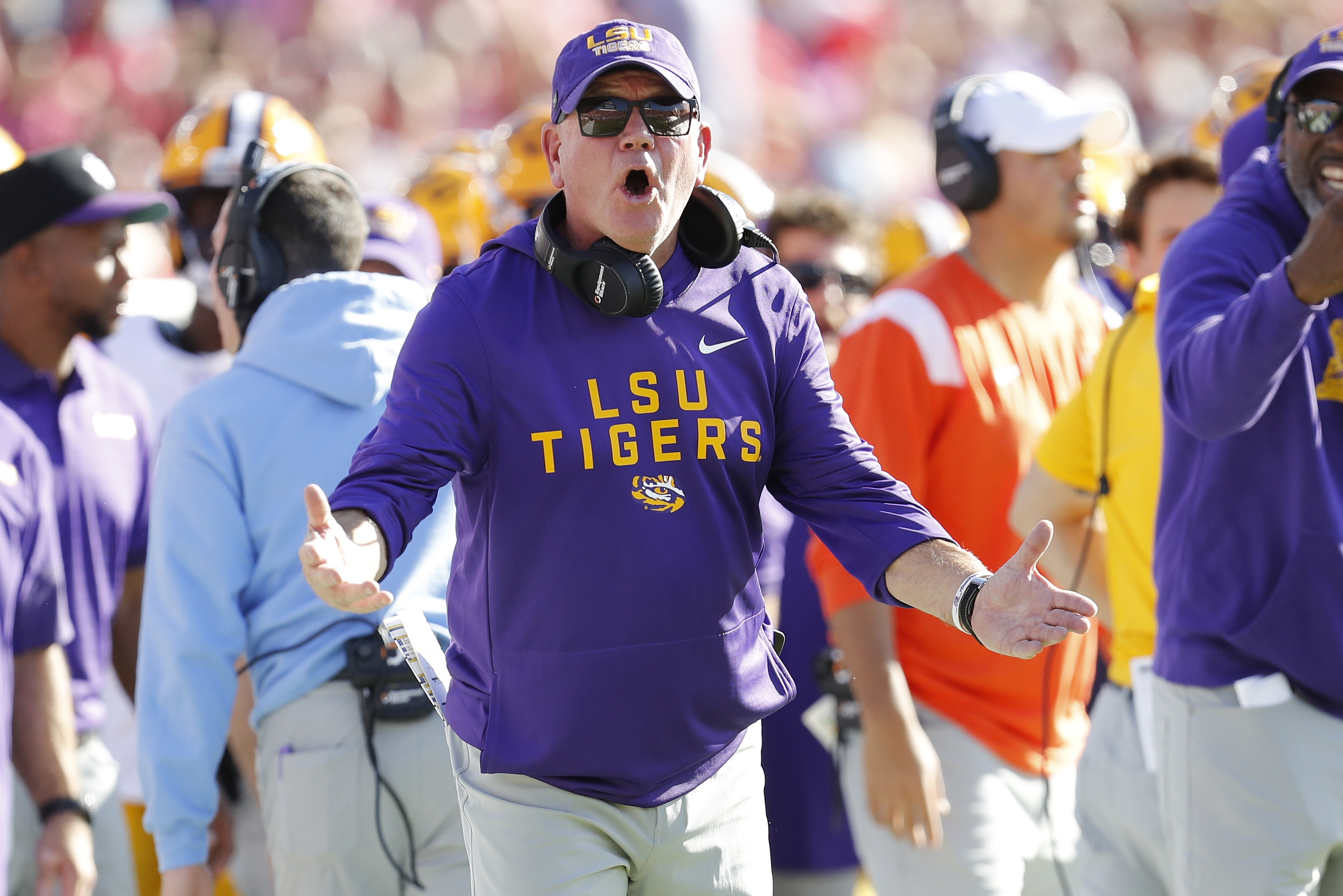 OXFORD, MS - SEPTEMBER 27: LSU Tigers head coach Brian Kelly questions an official during the college football game between the LSU Tigers and Ole Miss Rebels on September 27, 2025, at Vaught-Hemingway Stadium in Oxford, Mississippi. (Photo by Andy Altenburger/Icon Sportswire via Getty Images)