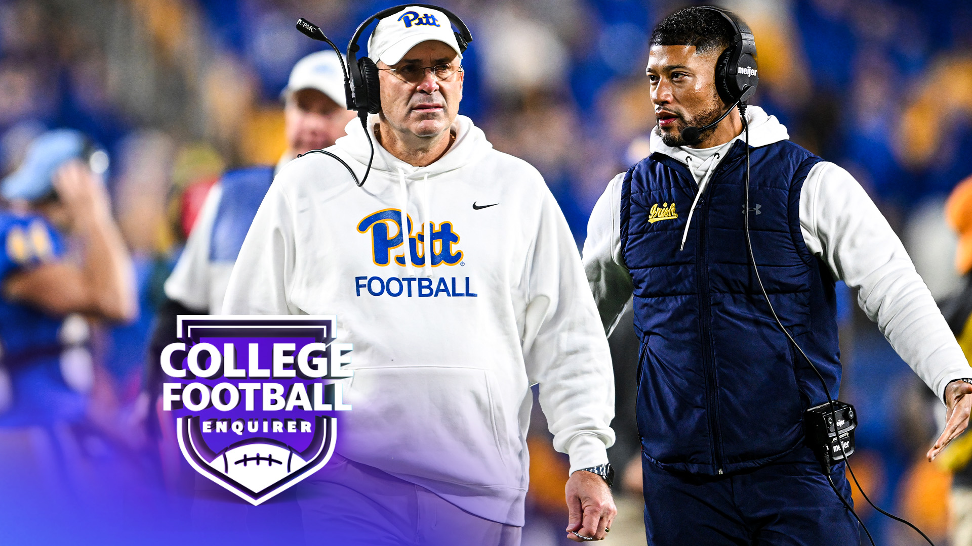 Pitt head coach Pat Narduzzi. Notre Dame head coach Marcus Freeman.Photo by Nick Cammett/Diamond Images via Getty ImagesPhoto by James Black/Icon Sportswire via Getty Images