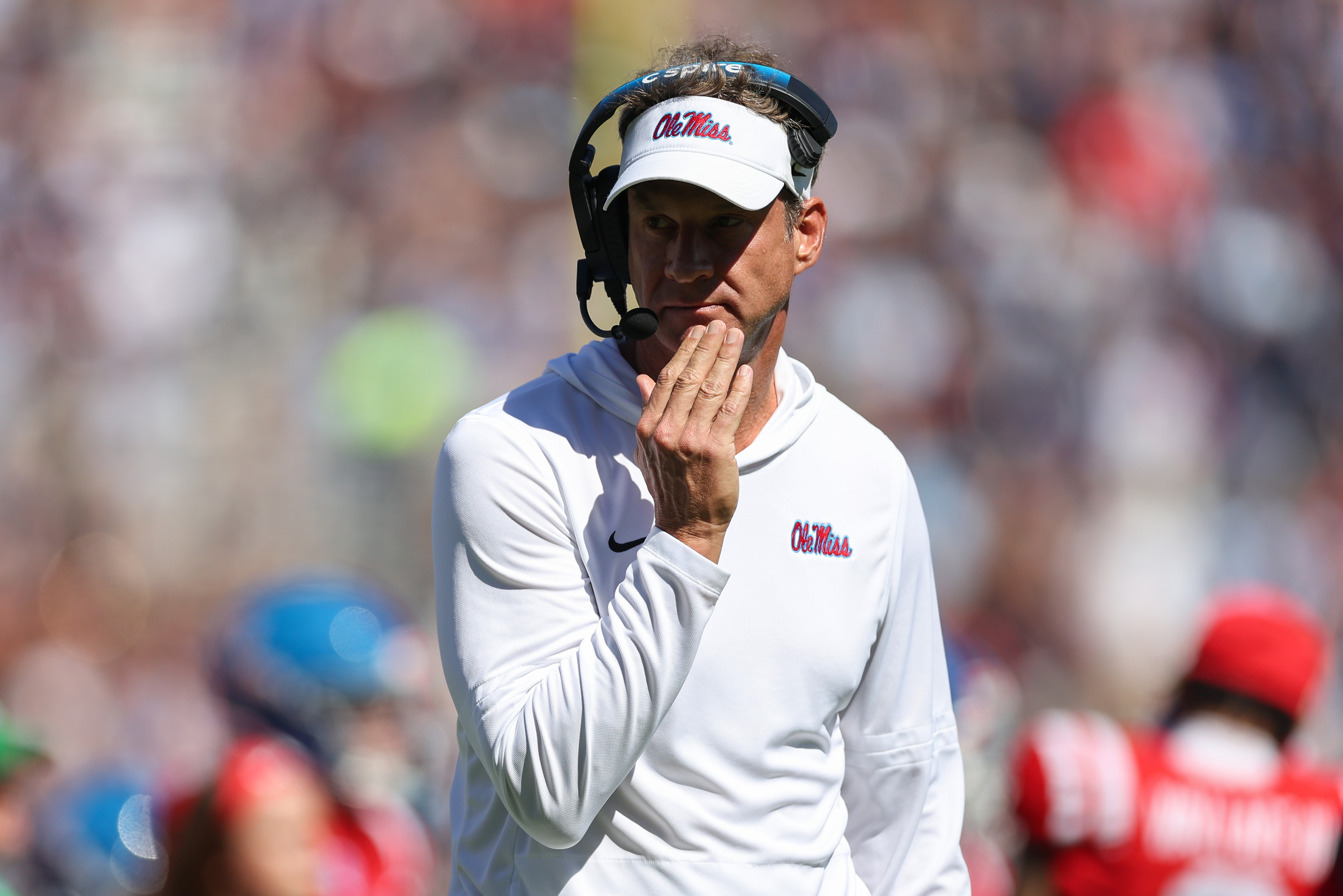 OXFORD, MISSISSIPPI - OCTOBER 11: Lane Kiffin, Head Coach of the Mississippi Rebels, is seen against the Washington State Cougars at Vaught-Hemingway Stadium on October 11, 2025 in Oxford, Mississippi. (Photo by Randy J. Williams/Getty Images)