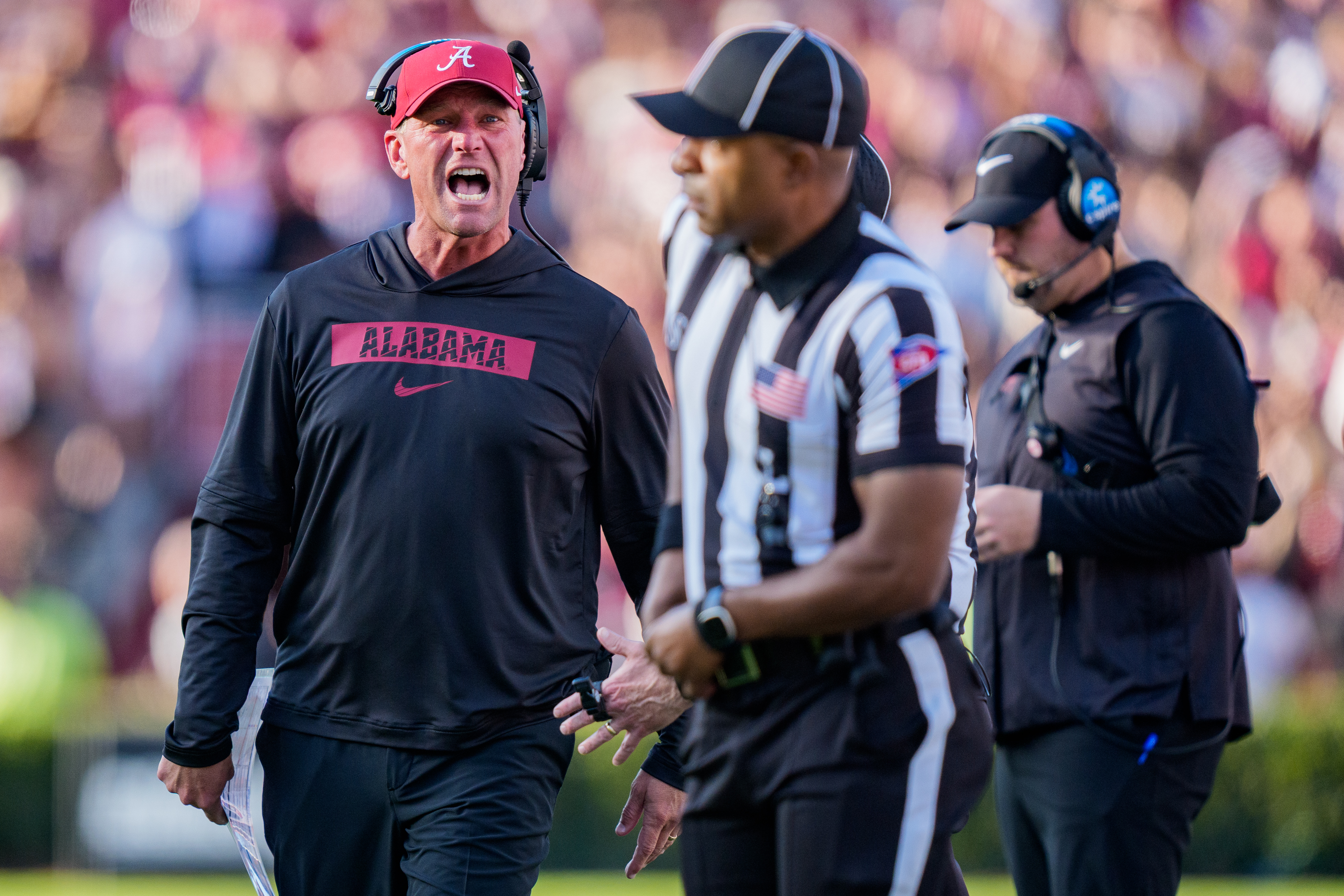 COLUMBIA, SOUTH CAROLINA - OCTOBER 25: Head coach Kalen Deboer of the Alabama Crimson Tide looks on during their game against the South Carolina Gamecocks at Williams-Brice Stadium on October 25, 2025 in Columbia, South Carolina. (Photo by Jacob Kupferman/Getty Images)