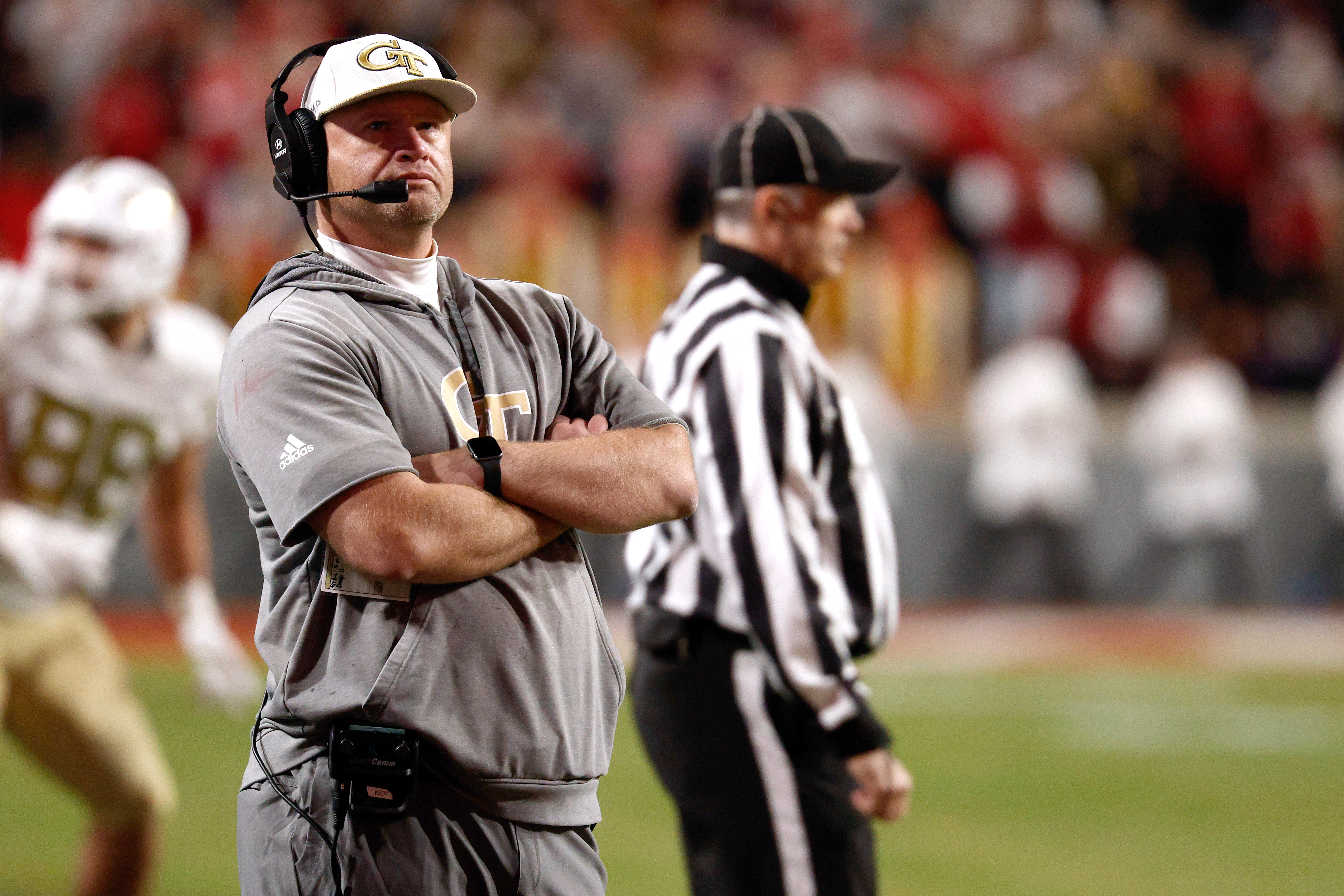 RALEIGH, NORTH CAROLINA - NOVEMBER 1: Head coach Brent Key of the Georgia Tech Yellow Jackets looks on in the first half against the NC State Wolfpack at Carter-Finley Stadium on November 1, 2025 in Raleigh, North Carolina. (Photo by Lance King/Getty Images)