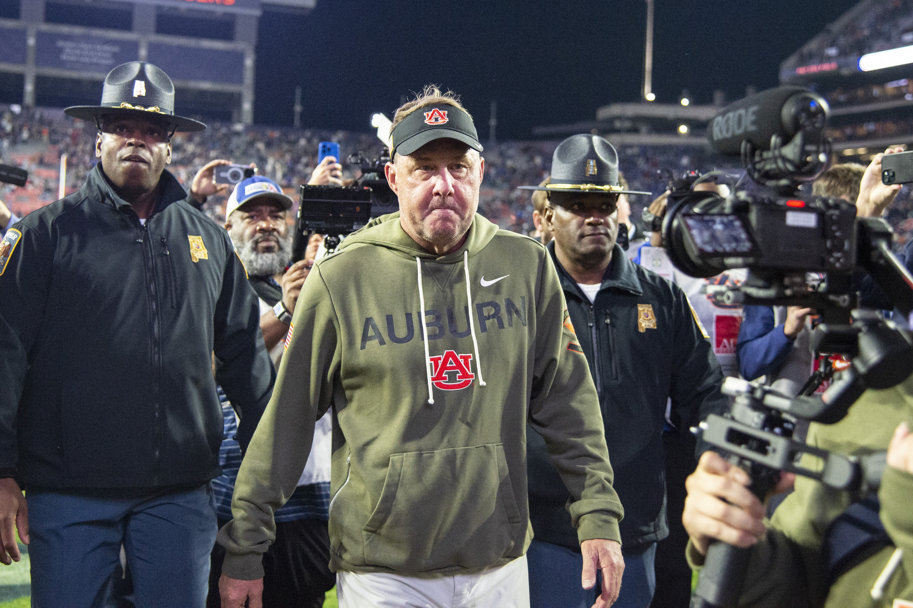 AUBURN, ALABAMA - NOVEMBER 01: Head coach Hugh Freeze of the Auburn Tigers walks off the field after being defeated by the Kentucky Wildcats at Jordan-Hare Stadium on November 01, 2025 in Auburn, Alabama. (Photo by Michael Chang/Getty Images)