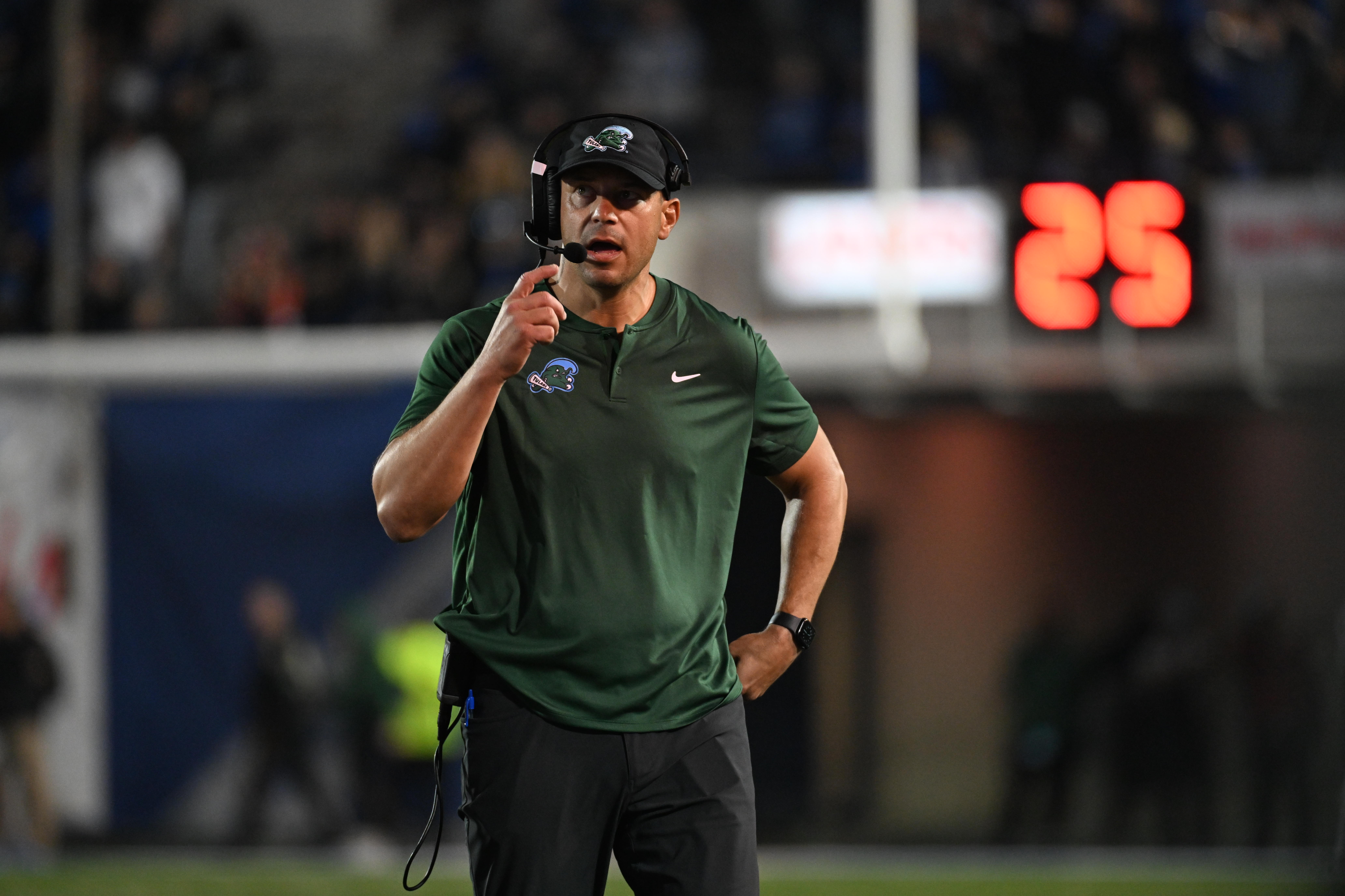 MEMPHIS, TENNESSEE - NOVEMBER 07: Jon Sumrall Head Coach of the Tulane Green Wave in the second half of the game against the Memphis Tigers at Liberty Bowl Memorial Stadium on November 07, 2025 in Memphis, Tennessee. (Photo by Matthew A. Smith/Getty Images)