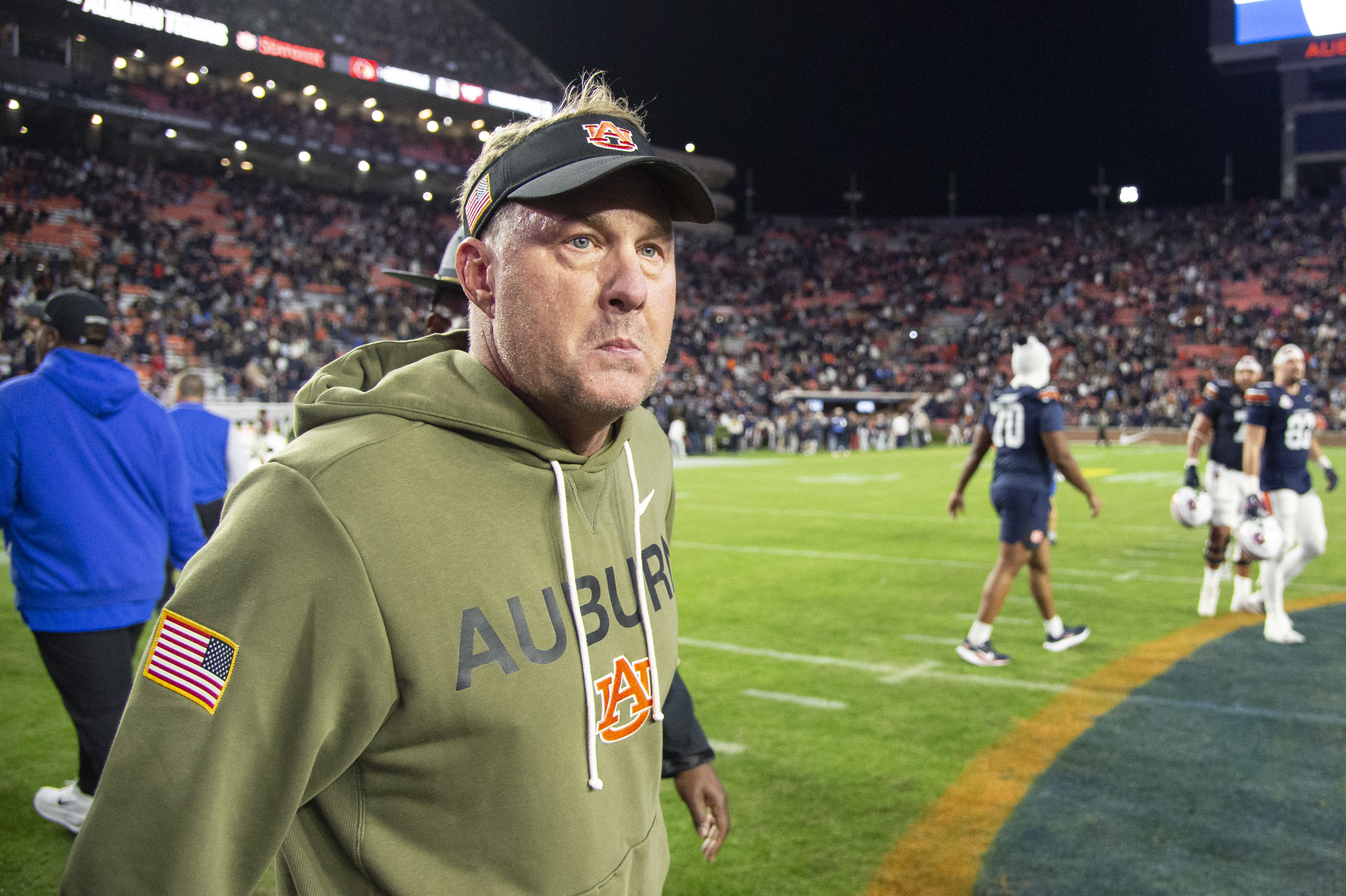 AUBURN, ALABAMA - NOVEMBER 01: Head coach Hugh Freeze of the Auburn Tigers walks on to the field after being defeated by the Kentucky Wildcats at Jordan-Hare Stadium on November 01, 2025 in Auburn, Alabama. (Photo by Michael Chang/Getty Images)