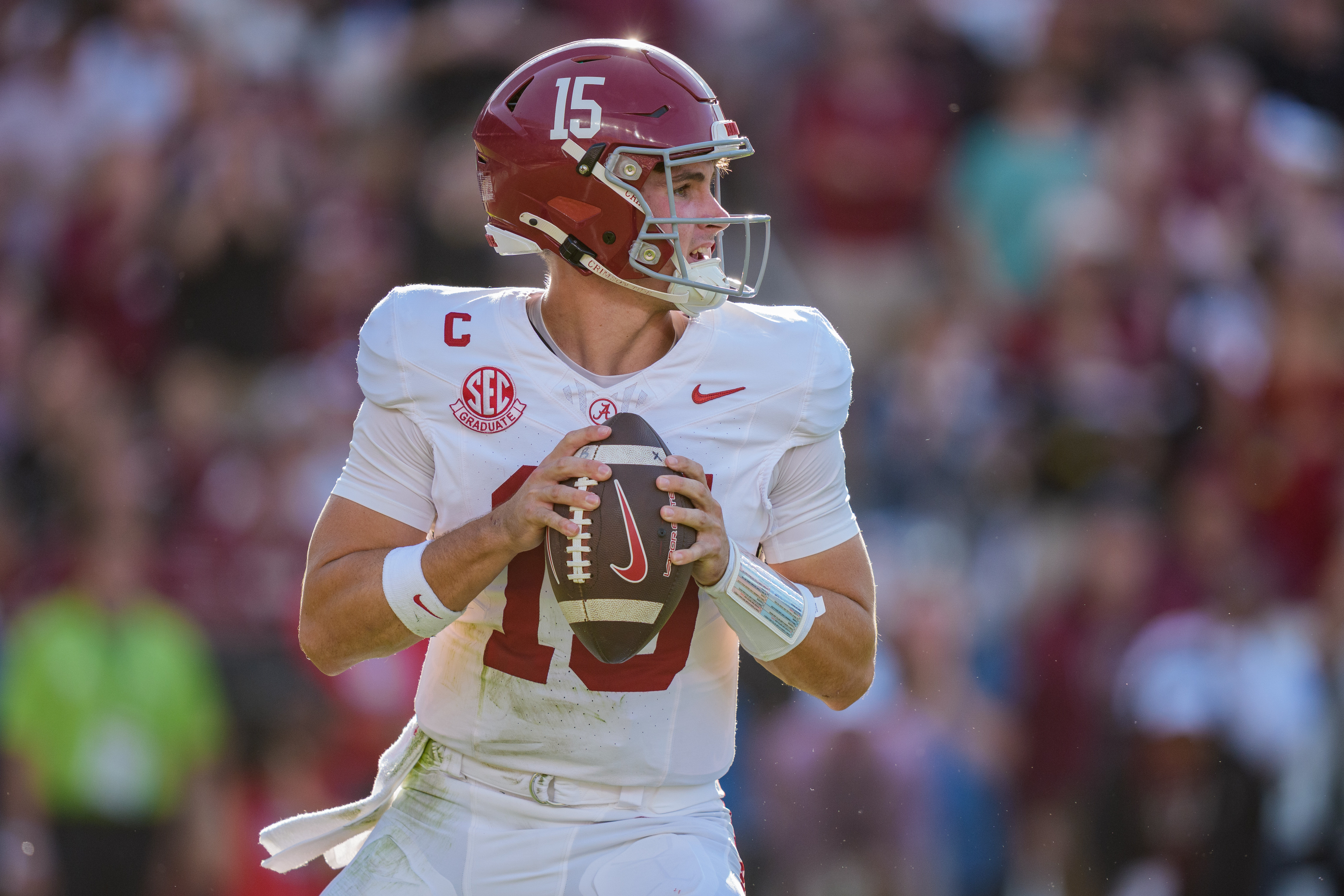 COLUMBIA, SOUTH CAROLINA - OCTOBER 25: Ty Simpson #15 of the Alabama Crimson Tide plays against the South Carolina Gamecocks during their game at Williams-Brice Stadium on October 25, 2025 in Columbia, South Carolina. (Photo by Jacob Kupferman/Getty Images)