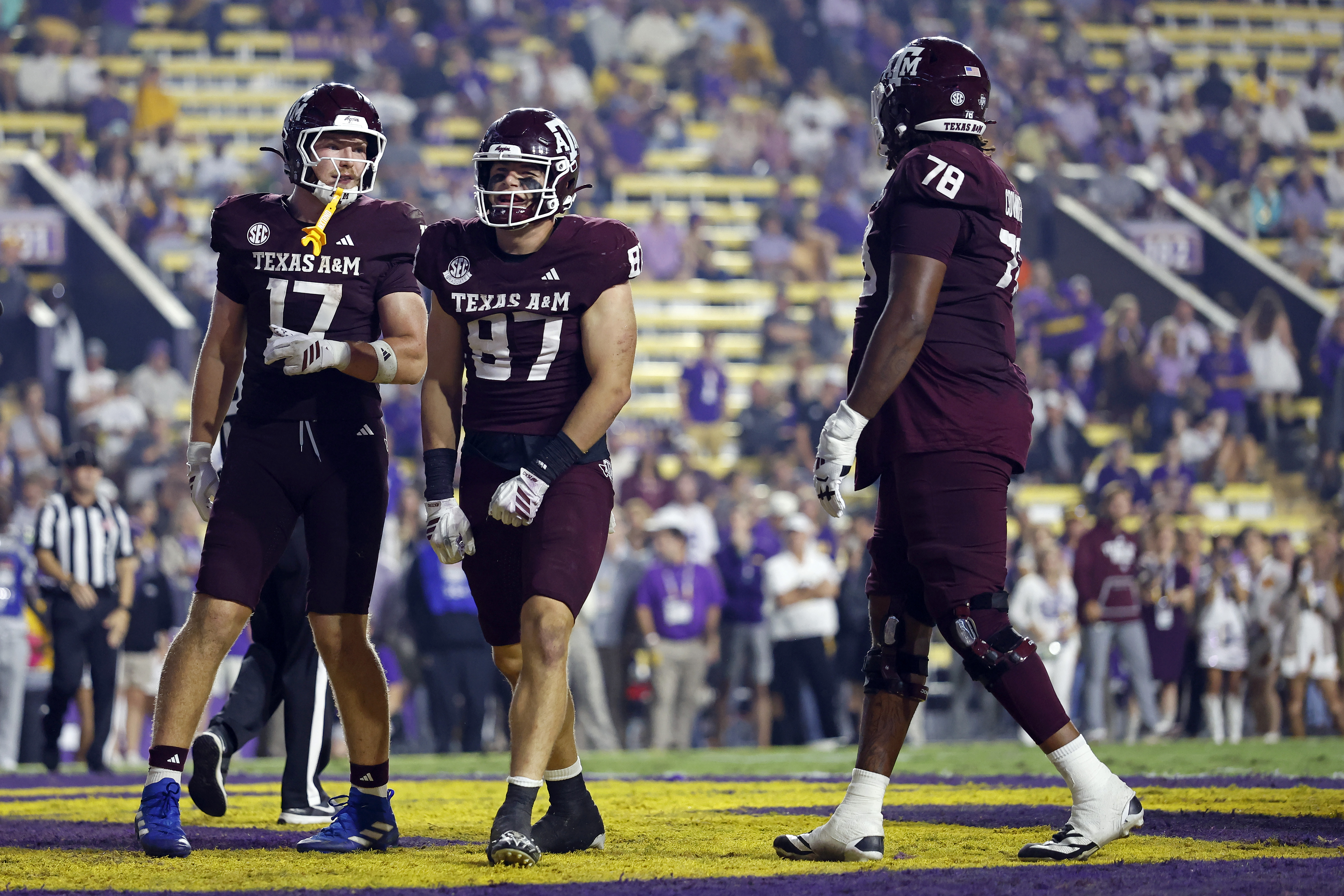 BATON ROUGE, LOUISIANA - OCTOBER 25: Tight end Nate Boerkircher #87 of the Texas A&M Aggies celebrates after a play during the second half of a game against the LSU Tigers at Tiger Stadium on October 25, 2025 in Baton Rouge, Louisiana. (Photo by Tyler Kaufman/Getty Images)