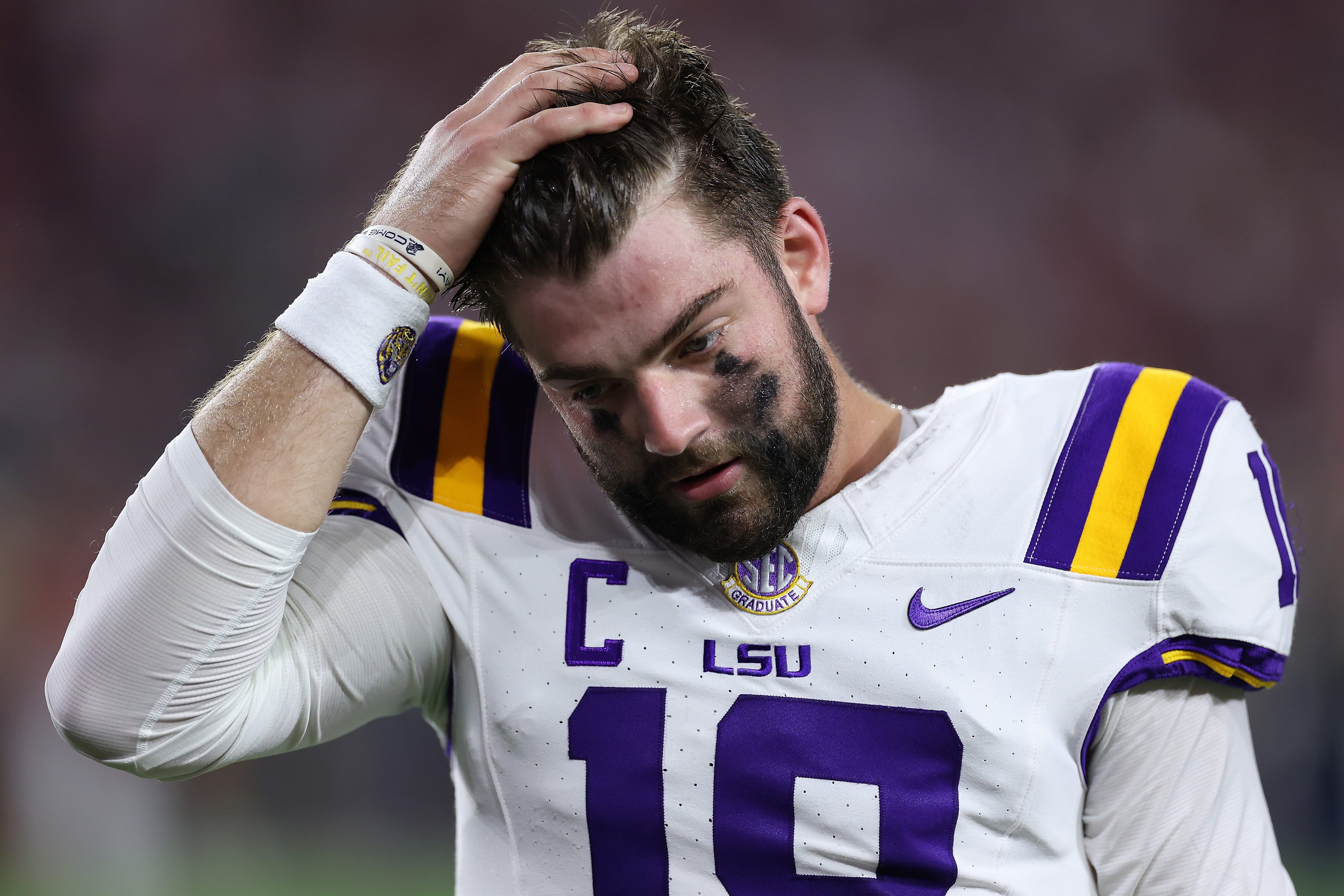 TUSCALOOSA, ALABAMA - NOVEMBER 08: Garrett Nussmeier #18 of the LSU Tigers warms up prior to facing the Alabama Crimson Tide at Bryant-Denny Stadium on November 08, 2025 in Tuscaloosa, Alabama. (Photo by Kevin C. Cox/Getty Images)
