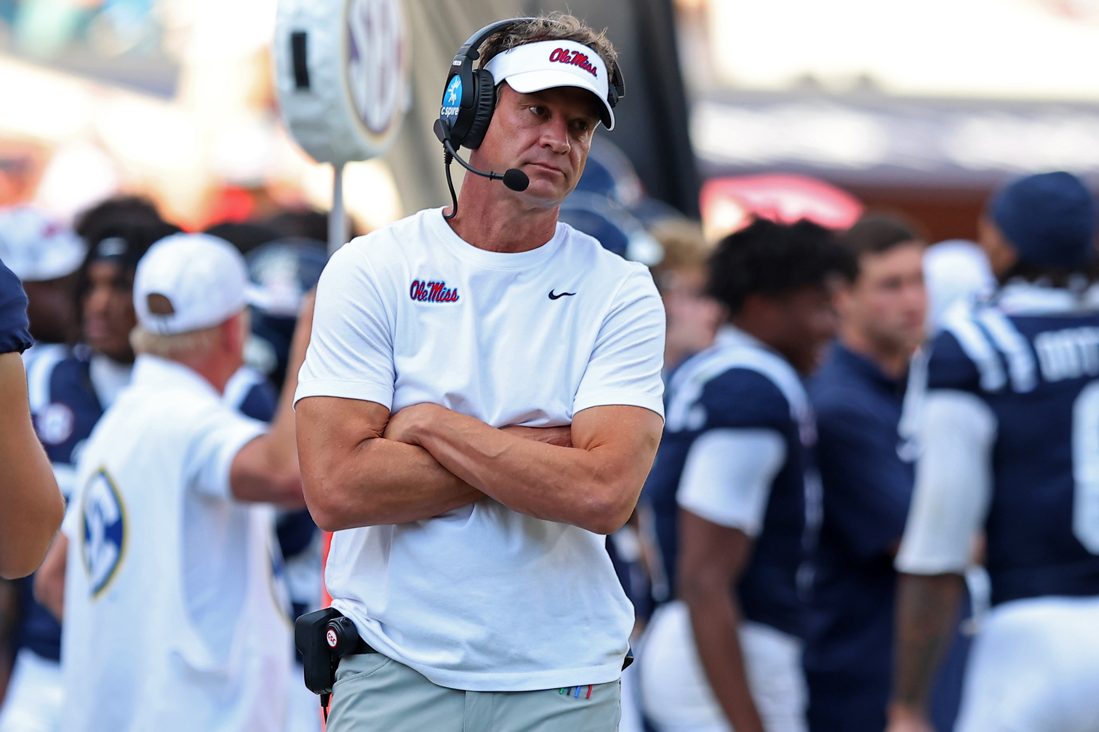 OXFORD, MISSISSIPPI - NOVEMBER 8: Head coach Lane Kiffin of the Mississippi Rebels looks on during the fourth quarter of the game against the Citadel Bulldogs at Vaught-Hemingway Stadium on November 8, 2025 in Oxford, Mississippi. (Photo by Jason Clark/Getty Images)