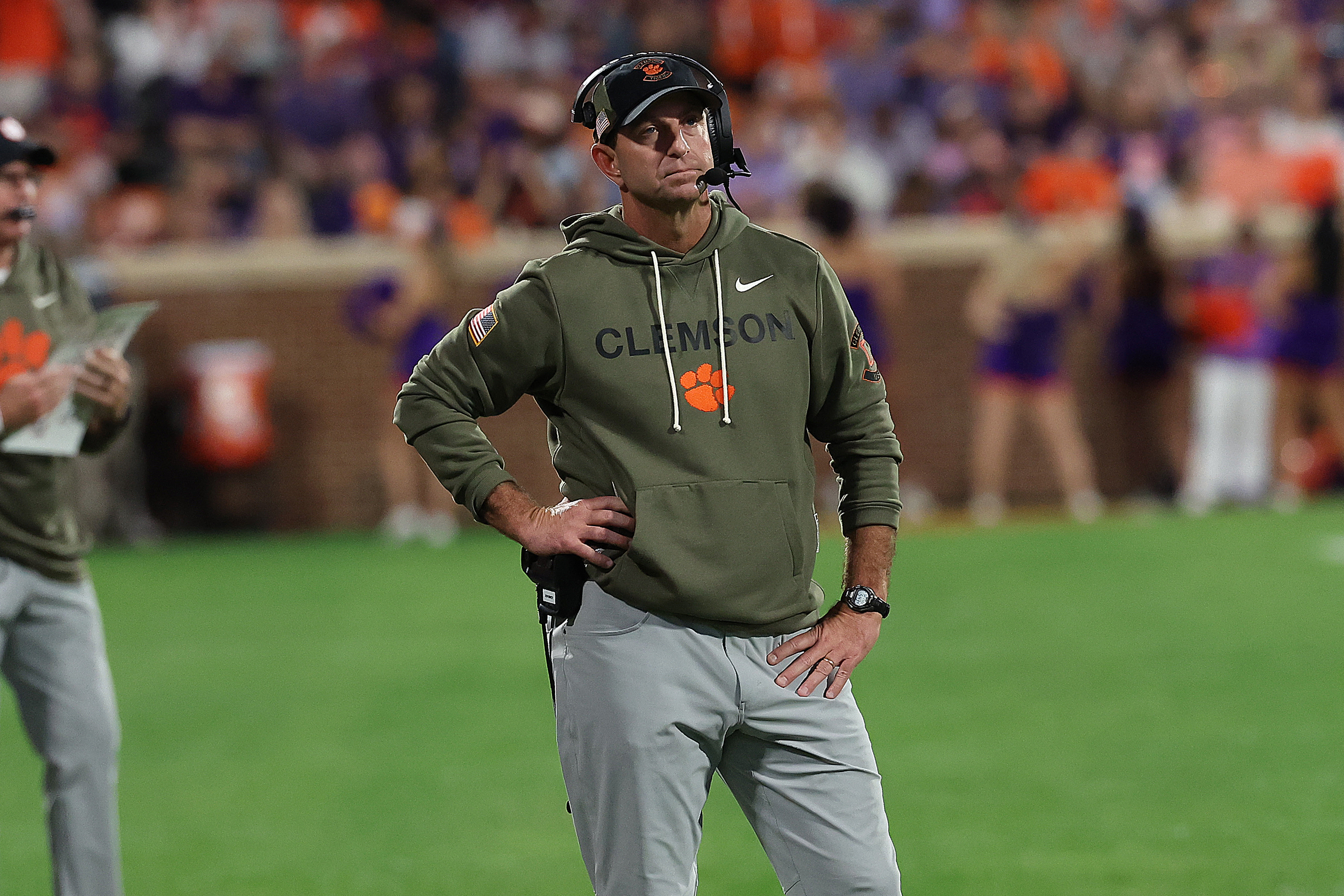 CLEMSON, SC - NOVEMBER 22: Clemson Tigers head coach Dabo Swinney watches a replay on the big screen during a college football game between the Furman Paladins and the Clemson Tigers on November 22, 2025 at Memorial Stadium in Clemson, S.C. (Photo by John Byrum/Icon Sportswire via Getty Images)