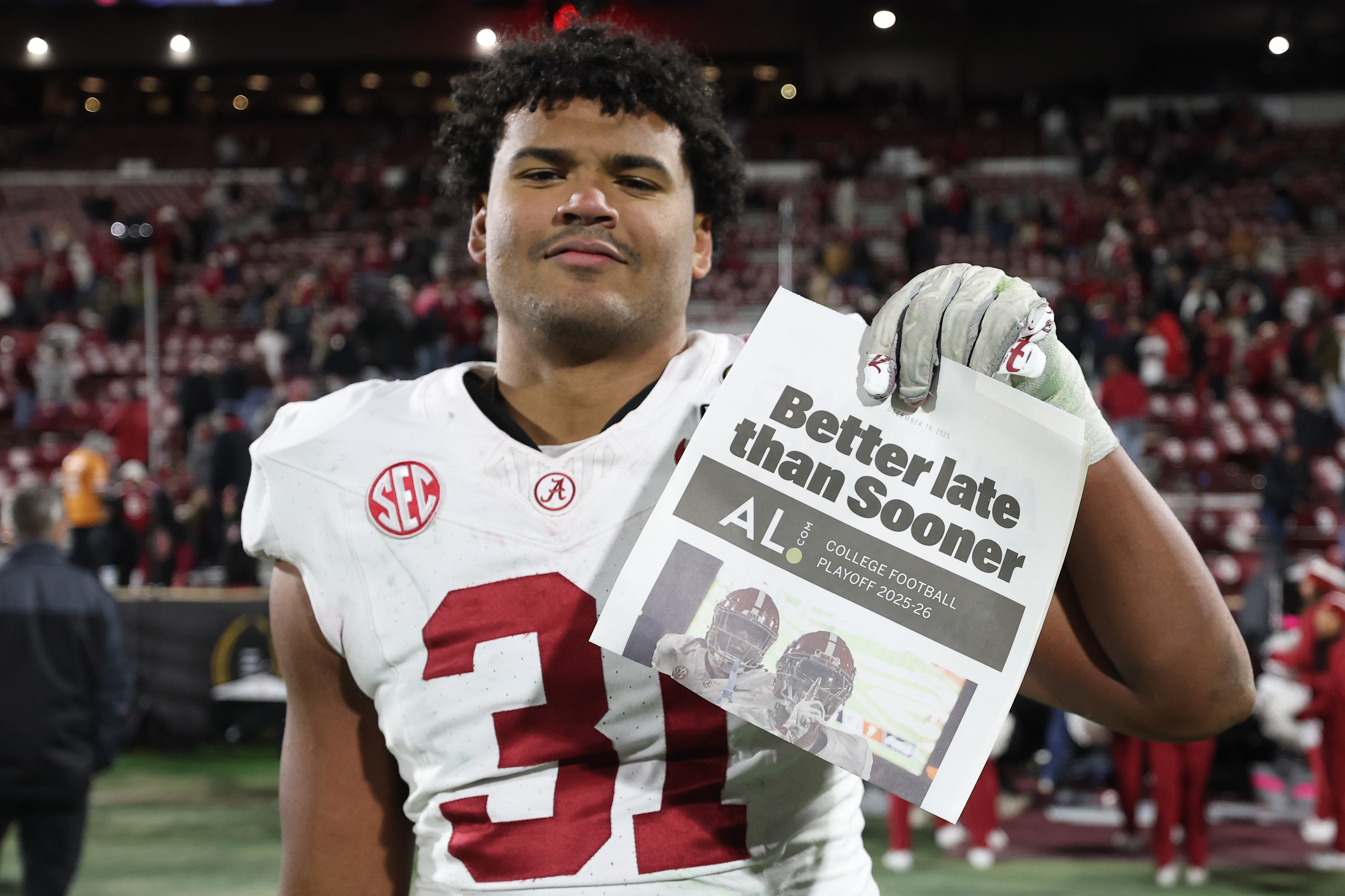 NORMAN, OKLAHOMA - DECEMBER 19: Keon Keeley #31 of the Alabama Crimson Tide celebrates after defeating the Oklahoma Sooners during 2025 College Football Playoff First Round Game at Gaylord Family Oklahoma Memorial Stadium on December 19, 2025 in Norman, Oklahoma. (Photo by Stacy Revere/Getty Images)