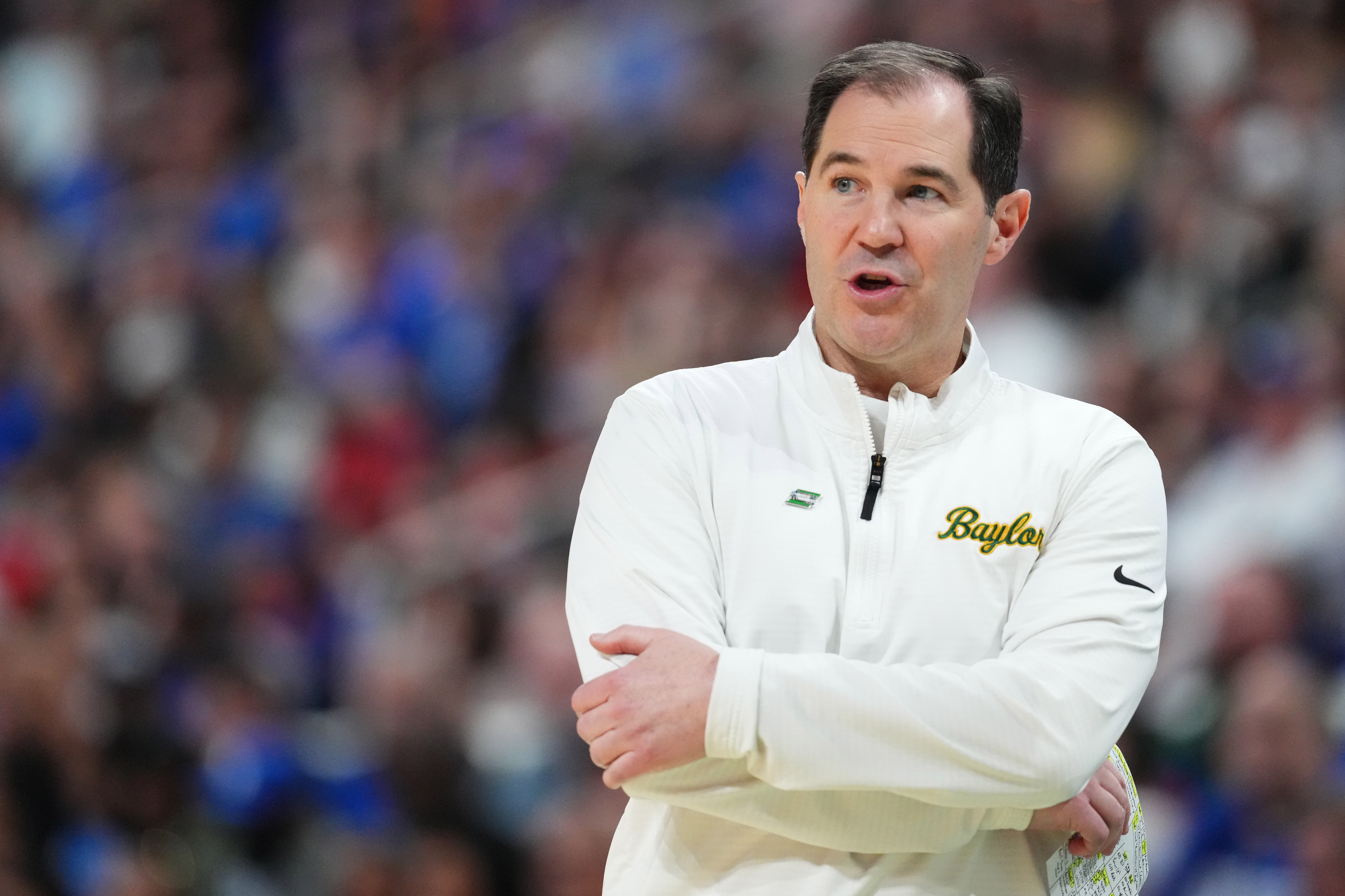 RALEIGH, NORTH CAROLINA - MARCH 23: Head coach Scott Drew of the Baylor Bears watches the action against the Duke Blue Devils during the second round of the 2025 NCAA Men's Basketball Tournament held at Lenovo Center on March 23, 2025 in Raleigh, North Carolina. (Photo by Grant Halverson/NCAA Photos via Getty Images)