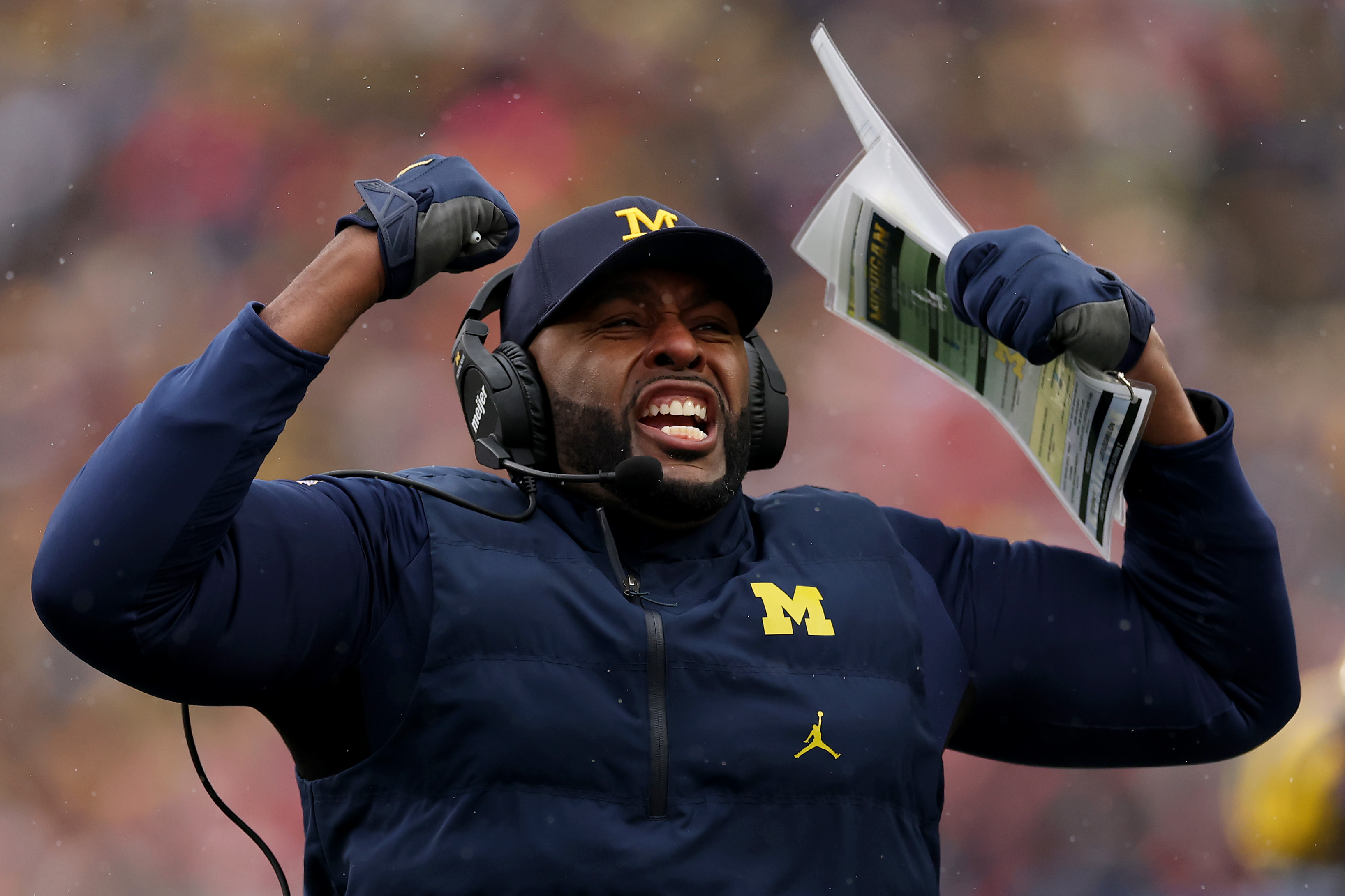ANN ARBOR, MICHIGAN - NOVEMBER 29: Head coach Sherrone Moore of the Michigan Wolverines reacts against the Ohio State Buckeyes at Michigan Stadium on November 29, 2025 in Ann Arbor, Michigan. (Photo by Luke Hales/Getty Images)