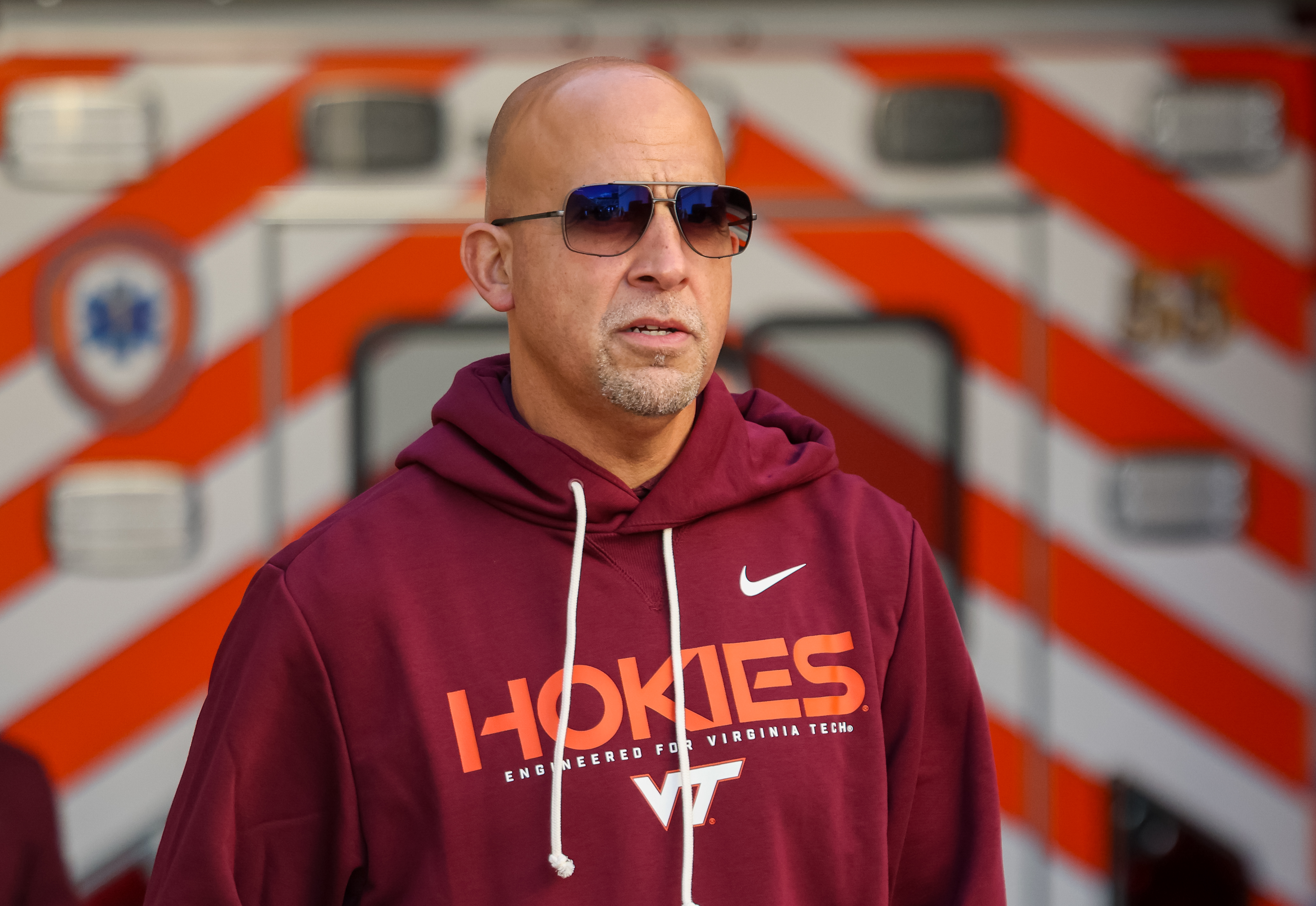 BLACKSBURG, VIRGINIA - NOVEMBER 22: Head coach James Franklin of the Virginia Tech Hokies walks on the field prior to the game against the Miami Hurricanes at Lane Stadium on November 22, 2025 in Blacksburg, Virginia. (Photo by Ryan Hunt/Getty Images)
