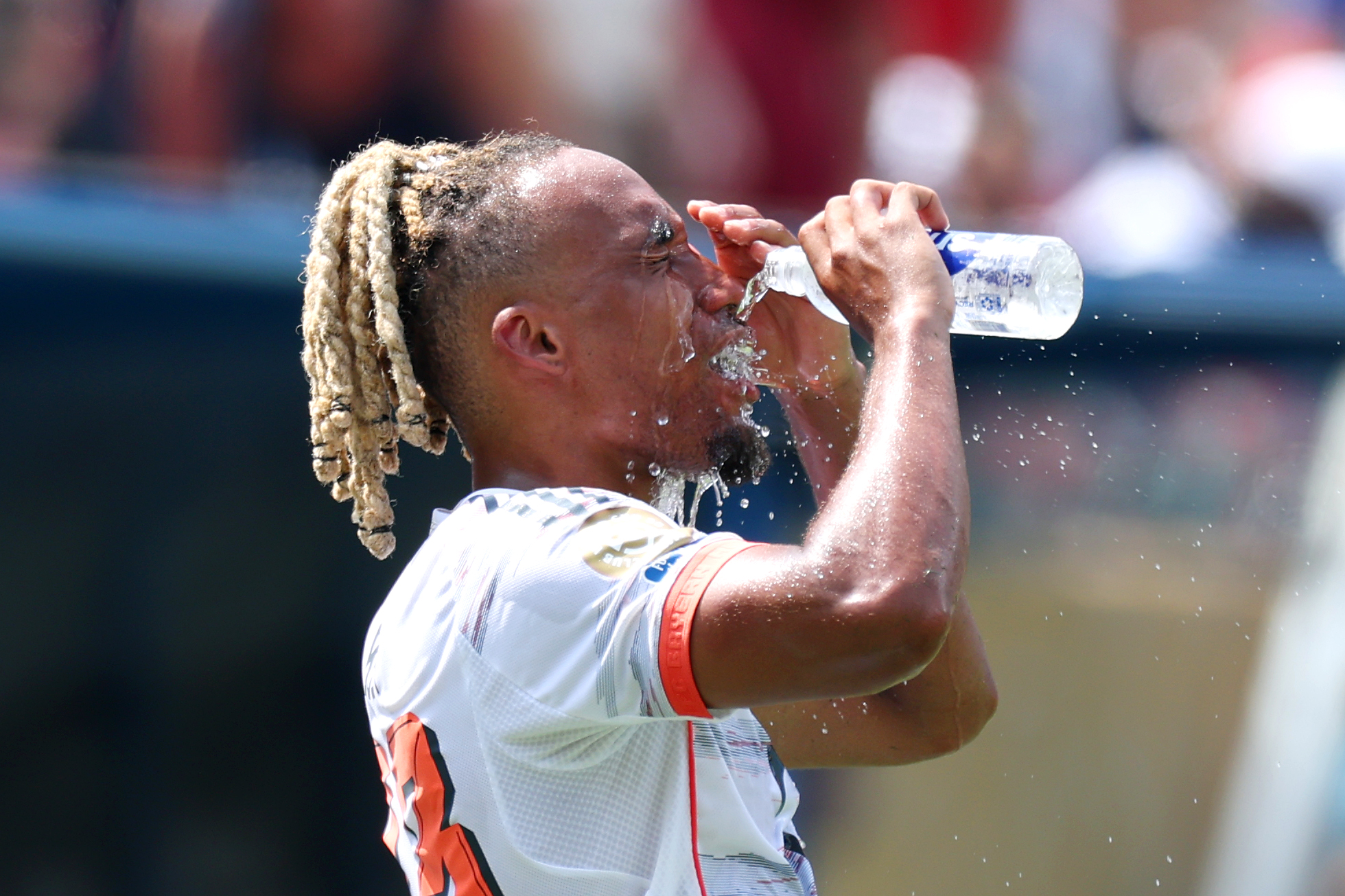 Bayern Munich's Sacha Boey takes a water break during the Club World Cup. (Kevin C. Cox/Getty Images)