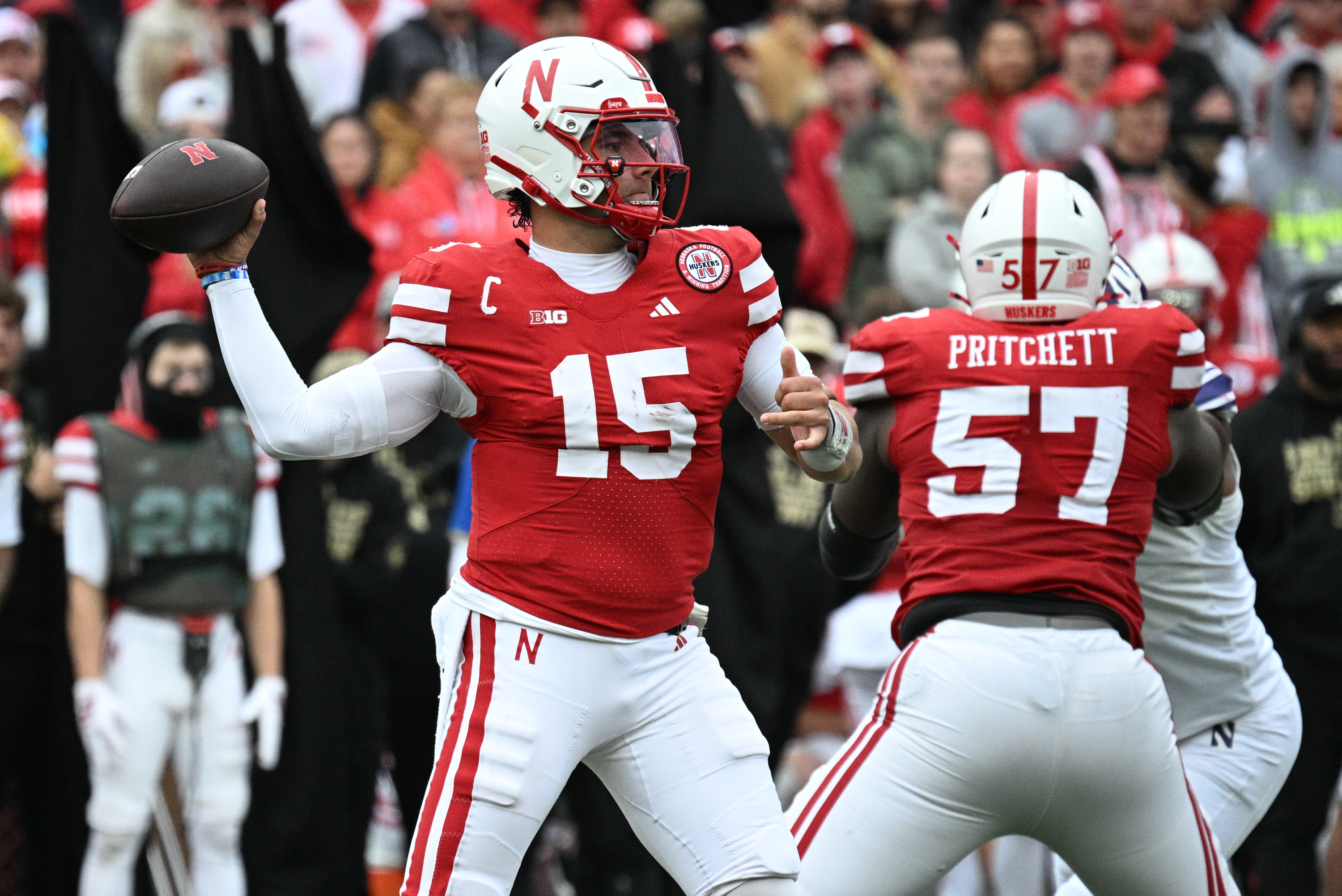 LINCOLN, NEBRASKA - OCTOBER 25: Dylan Raiola #15 of the Nebraska Cornhuskers passes against the Northwestern Wildcats during the second half at Memorial Stadium on October 25, 2025 in Lincoln, Nebraska. (Photo by Steven Branscombe/Getty Images)