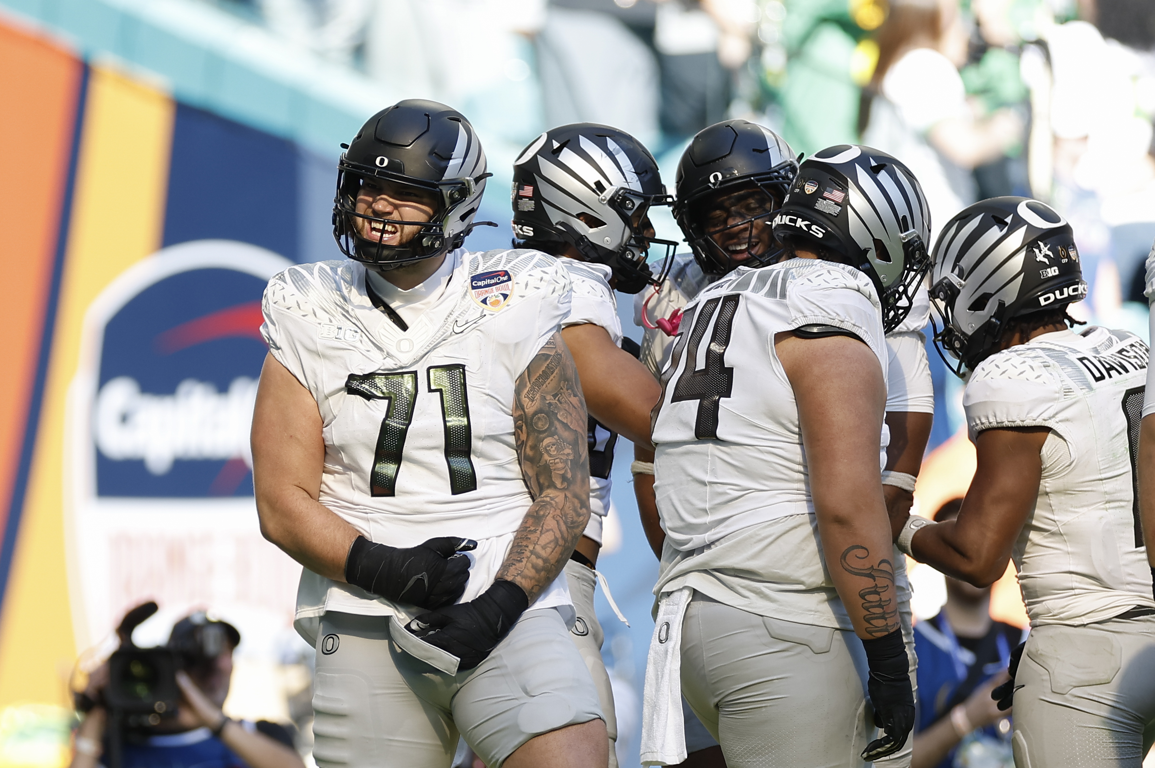 MIAMI GARDENS, FL - JANUARY 01: Alex Harkey #71 of the Oregon Ducks reacts after a play during the College Football Playoff Quarterfinal at the Capital One Orange Bowl game between the Oregon Ducks and the Texas Tech Red Raiders on January 1, 2026 at Hard Rock Stadium in Miami Gardens, Fl. (Photo by David Rosenblum/Icon Sportswire via Getty Images)