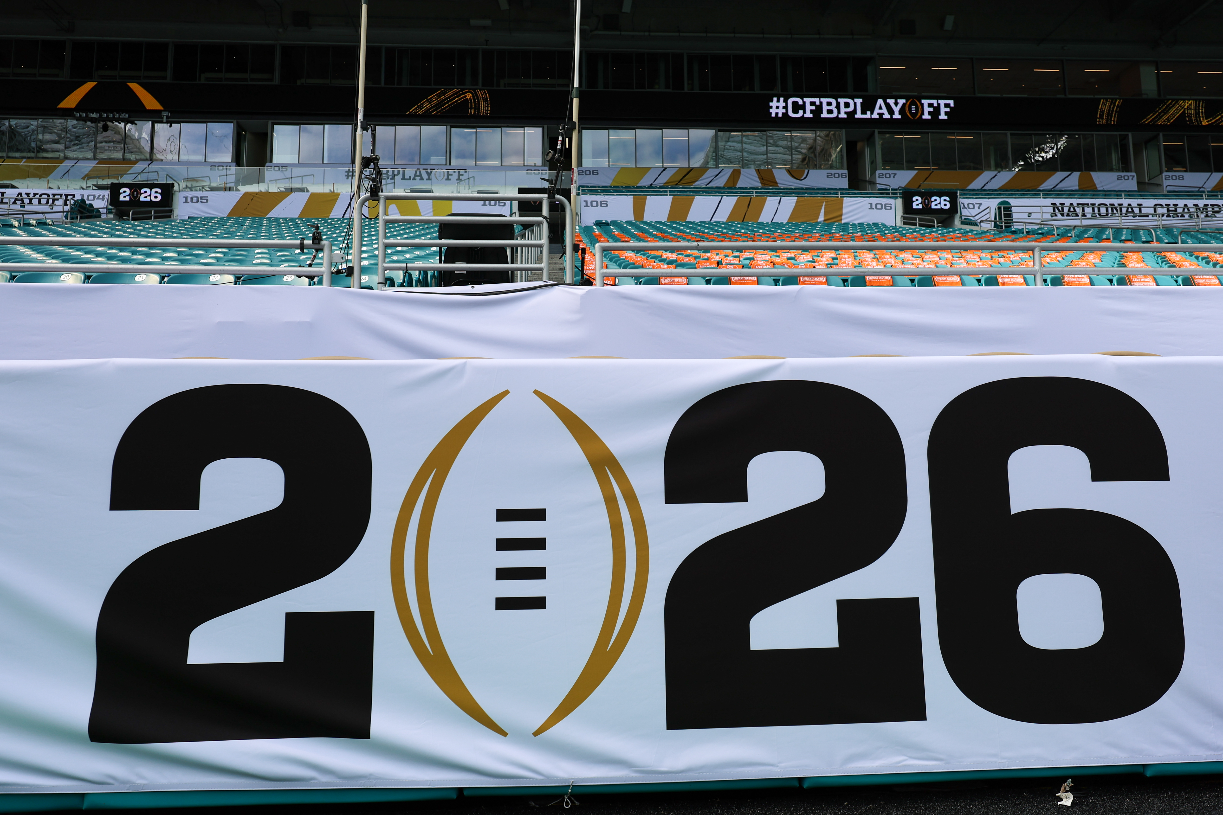 MIAMI GARDENS, FL - JANUARY 19: The 2026 CFP logo is displayed field side before the CFP National Championship Presented by AT&T between Indiana Hoosiers and Miami Hurricanes on January 19, 2026, at Hard Rock Stadium in Miami, FL. (Photo by David Buono/Icon Sportswire via Getty Images)