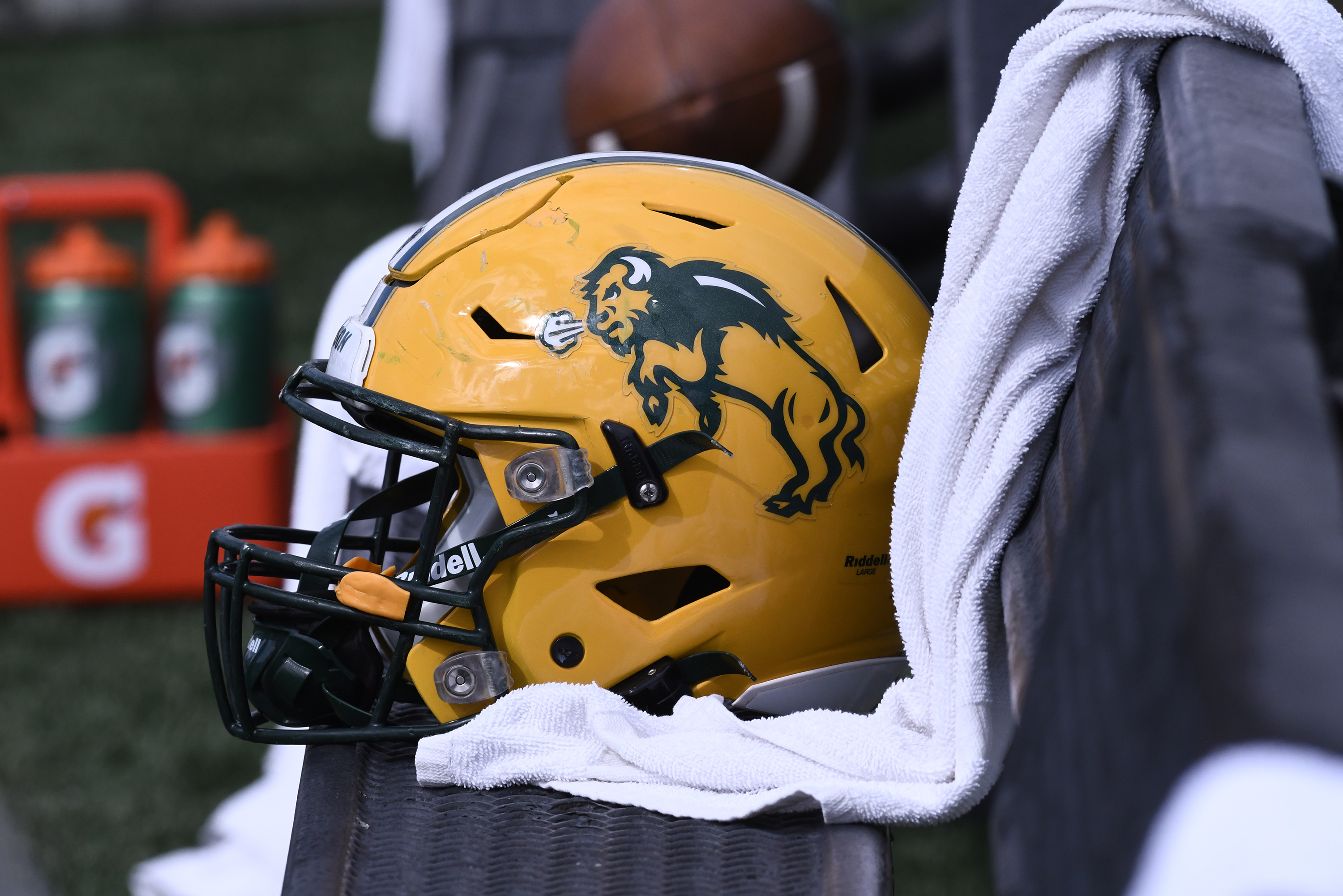 TERRE HAUTE, IN - OCTOBER 08: A North Dakota State University Bison helmet sits on the bench during the game with the Indiana State University Sycamores, Saturday, October 8, 2022, at Memorial Stadium in Terre Haute, Indiana. (Photo by David Allio/Icon Sportswire via Getty Images)