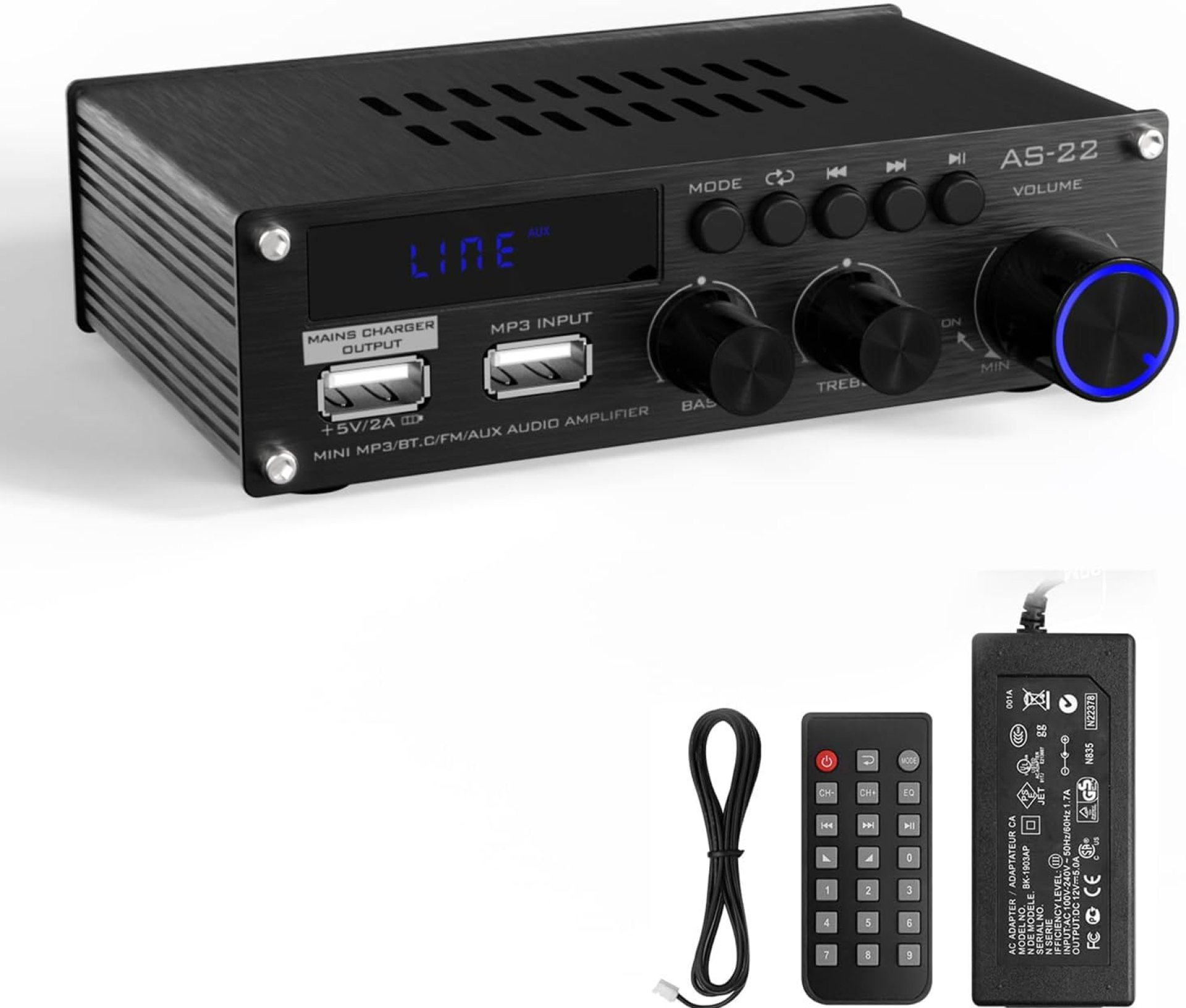 Sunbuck Mini Amplifier, 2 Channel Stereo Amplifier, Power Amplifier Max 300Wx2 Output, Bluetooth Amplifier for Home Speakers, Stereo Receiver with RCA/USB/FM/AUX, Mini Amplifier for Speakers, AS-22BU Sunbuck Mini Amplifier, 2 Channel Stereo Amplifier, Power Amplifier Max 300Wx2 Output, Bluetooth Amplifier for Home Speakers, Stereo Receiver with RCA/USB/FM/AUX, Mini Amplifier for Speakers, AS-22BU