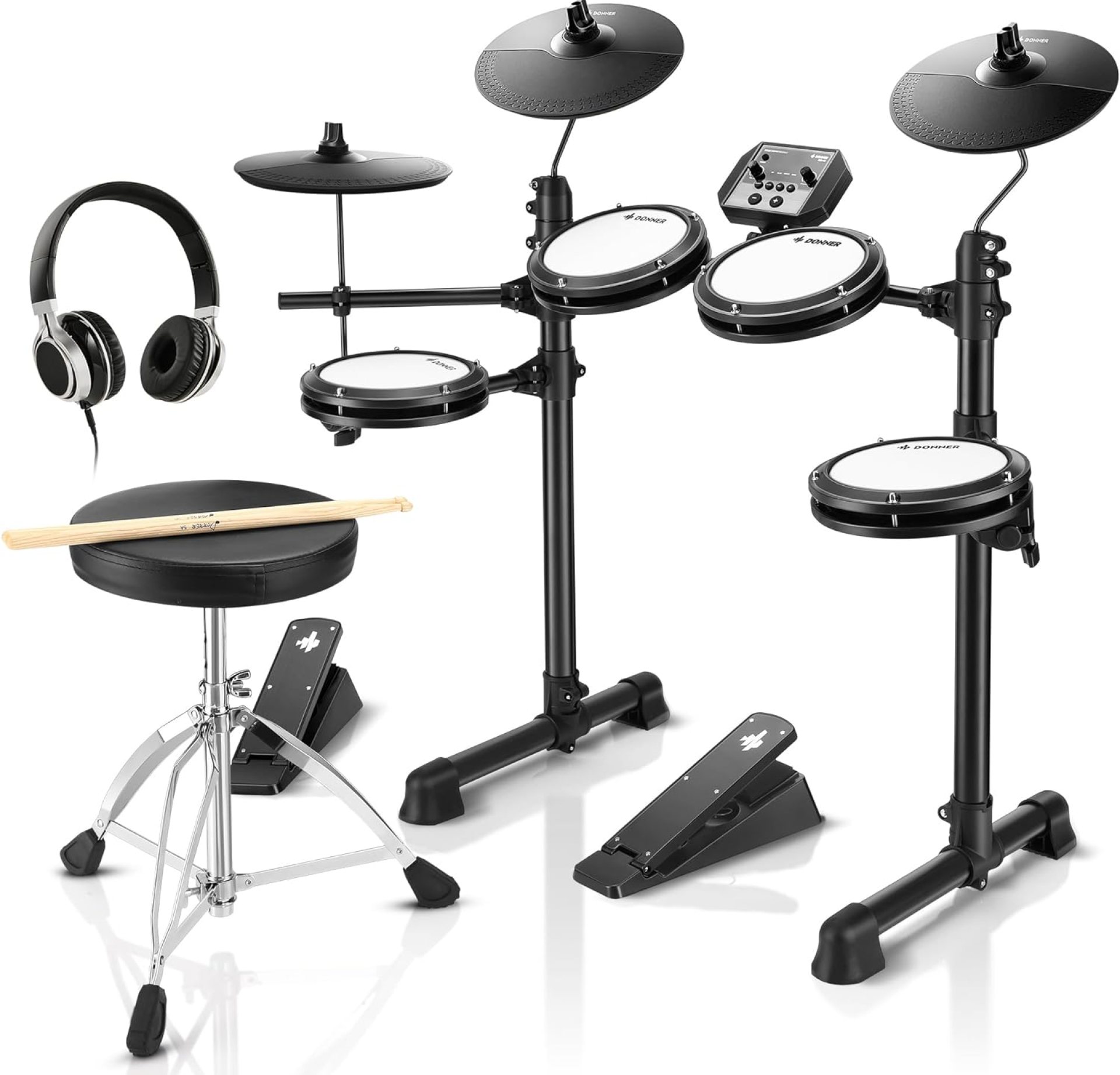 Donner DED-80 Electronic Drum Set with 4 Quiet Mesh Pads, 180+ Sounds, 2 Pedals, Throne, Headphones, Sticks, and Melodics Lessons Donner DED-80 Electronic Drum Set with 4 Quiet Mesh Pads, 180+ Sounds, 2 Pedals, Throne, Headphones, Sticks, and Melodics Lessons