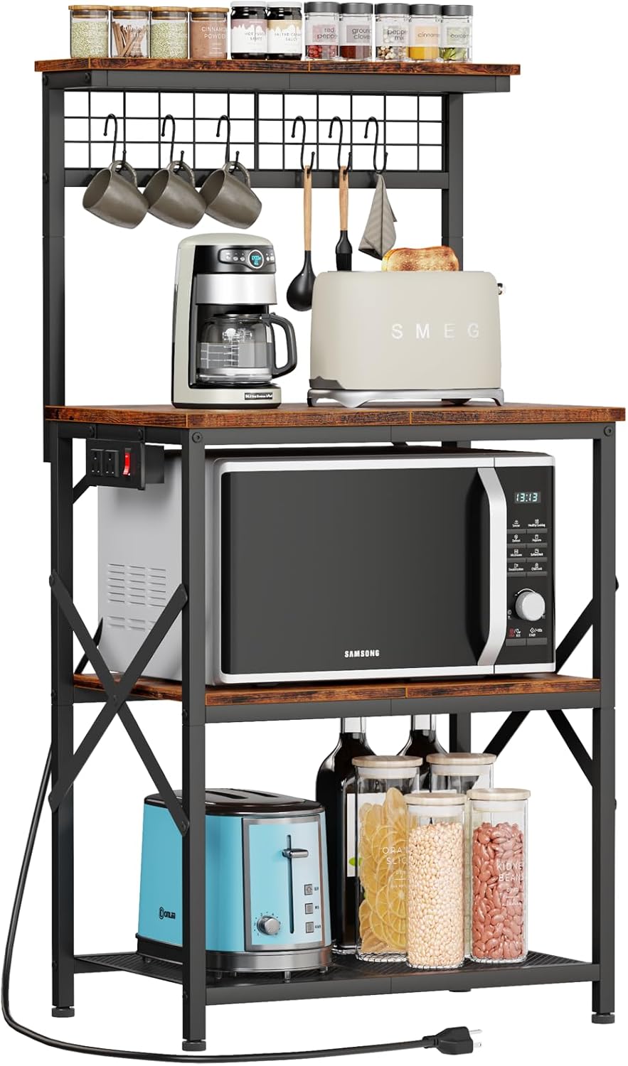 Furologee Kitchen Bakers Rack with Power Outlet, Microwave Oven Stand with Storage 4 Tiers, Coffee Bar Table with 6 S Hooks, Kitchen Storage Shelf Rack for Spices, Pots, Rustic Brown Furologee Kitchen Bakers Rack with Power Outlet, Microwave Oven Stand with Storage 4 Tiers, Coffee Bar Table with 6 S Hooks, Kitchen Storage Shelf Rack for Spices, Pots, Rustic Brown