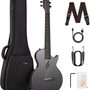 Enya NOVA Go SP1 Carbon Fiber Acoustic Electric Guitar with Smart AcousticPlus 35 Inch Travel Acustica Guitarra Starter Bundle Kit of Gig Bag, Strap, Strings, Charging Cable, Instrument Cable(Black)