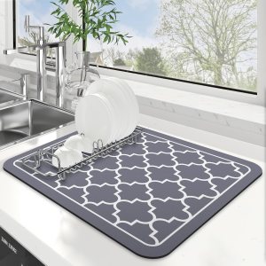 WISELIFE Dish Drying Mat Super Absorbent Drying Mat Large Dish Drying Mats for Kitchen Counter Easy Clean Dish Mat Kitchen Drying Mat 15″ x 18″ Stylish Grey