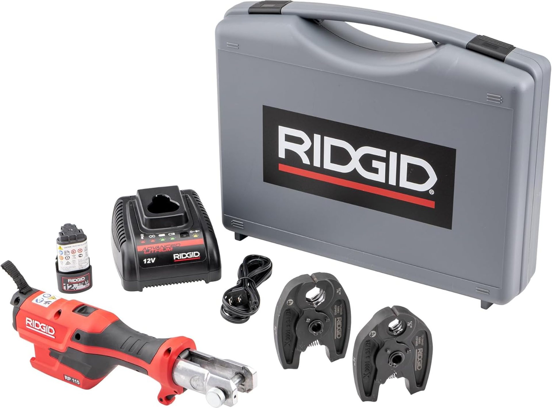 RIDGID 72553 Model RP 115 Mini Press Tool and Battery Kit with 1/2″ to 3/4″ ProPress Press Tool Jaws, 2V Li/Ion Battery, 12V Charger, and Carrying Case , Red RIDGID 72553 Model RP 115 Mini Press Tool and Battery Kit with 1/2″ to 3/4″ ProPress Press Tool Jaws, 2V Li/Ion Battery, 12V Charger, and Carrying Case , Red