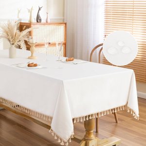 MYSKY HOME White Table Cloth Rectangle, Rectangular Table Cloth, Wrinkle Resistant, Waterproof Tablecloth, Washable Farmhouse Tablecloths, Table Cloths with Tassels for Kitchen Dining, 55″X86″