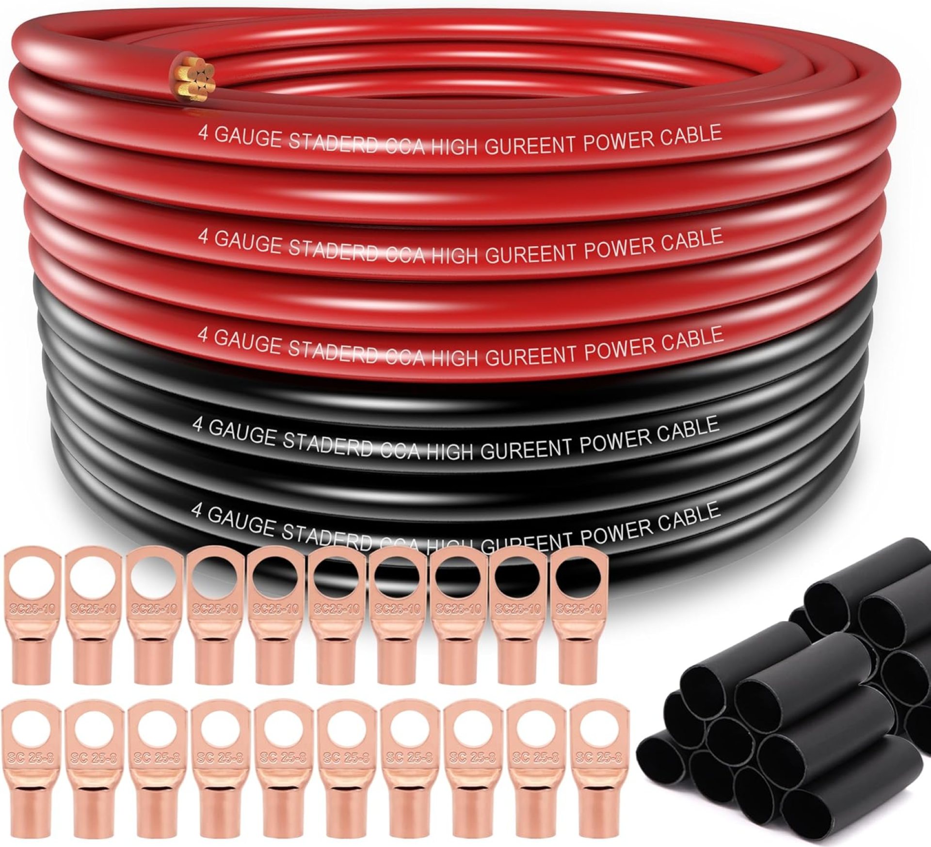 4 Gauge Wire (25ft Each- Black/Red) Copper Clad Aluminum CCA,20pcs Lugs Terminal Connectors with 3:1 Heat Shrink Tube for Power/Auto,Amplifier,Ground Cable 4 Gauge Wire (25ft Each- Black/Red) Copper Clad Aluminum CCA,20pcs Lugs Terminal Connectors with 3:1 Heat Shrink Tube for Power/Auto,Amplifier,Ground Cable