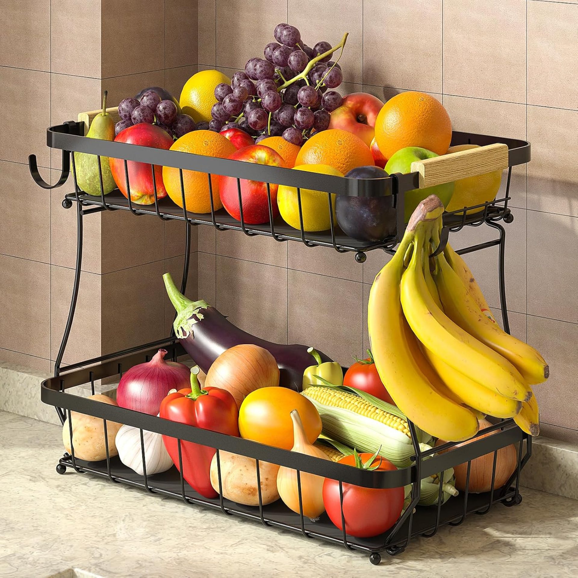 2 Tier Fruit Basket for Kitchen with 2 Banana Hangers, Detachable Metal Fruit Bowl for Kitchen Counter for Fruit and Vegetable Storage, Large Capacity Rectangular Storage Stand Bowls 2 Tier Fruit Basket for Kitchen with 2 Banana Hangers, Detachable Metal Fruit Bowl for Kitchen Counter for Fruit and Vegetable Storage, Large Capacity Rectangular Storage Stand Bowls