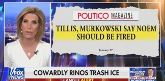 Laura Ingraham launches vitriolic attacks at “cowardly RINOs” calling for Kristi Noem to be fired
