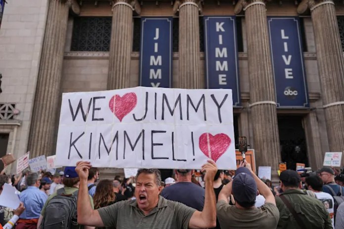 Kimmel returns to late night with an emotional monologue but no apologies following suspension