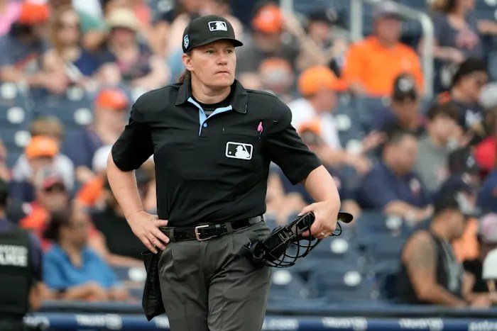 Jen Pawol breaks MLB’s gender barrier as the first female umpire to work a regular-season game Jen Pawol breaks MLB’s gender barrier as the first female umpire to work a regular-season game