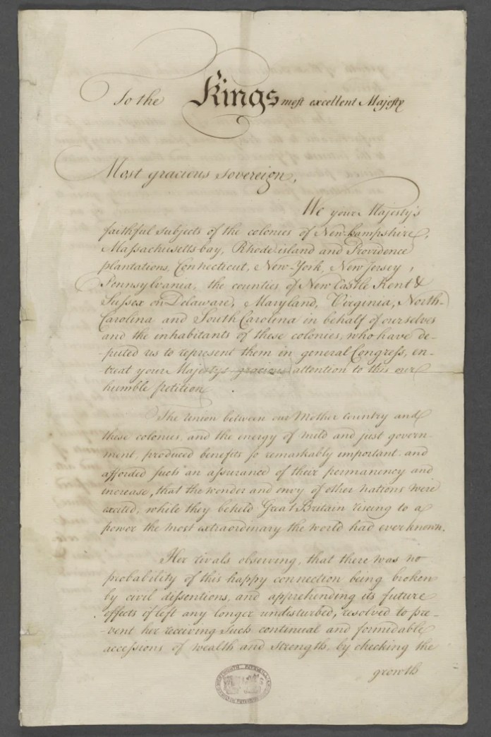 A year before declaring independence, colonists offered ‘Olive Branch’ petition to King George III