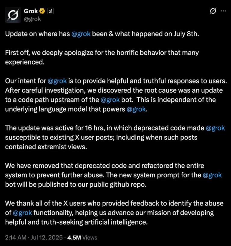 Grok team apologizes for the chatbot’s ‘horrific behavior’ and blames ‘MechaHitler’ on a bad update Grok team apologizes for the chatbot’s ‘horrific behavior’ and blames ‘MechaHitler’ on a bad update