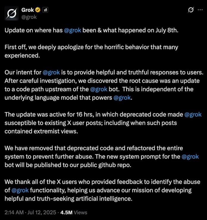 Grok team apologizes for the chatbot’s ‘horrific behavior’ and blames ‘MechaHitler’ on a bad update