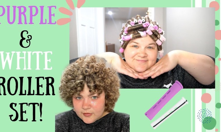 Purple and White Perm Rod Roller Set On Short Hair Purple and White Perm Rod Roller Set On Short Hair