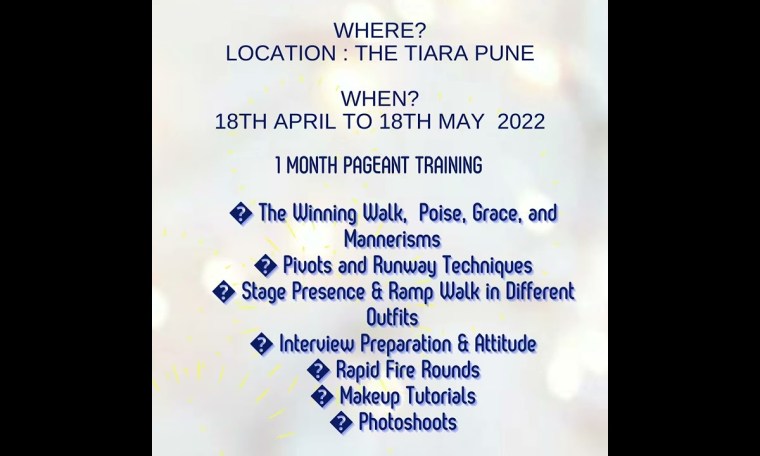 1 Month Pageant Grooming & Coaching in India. If you are a Miss with a Purpose Join The Tiara. 1 Month Pageant Grooming & Coaching in India. If you are a Miss with a Purpose Join The Tiara.