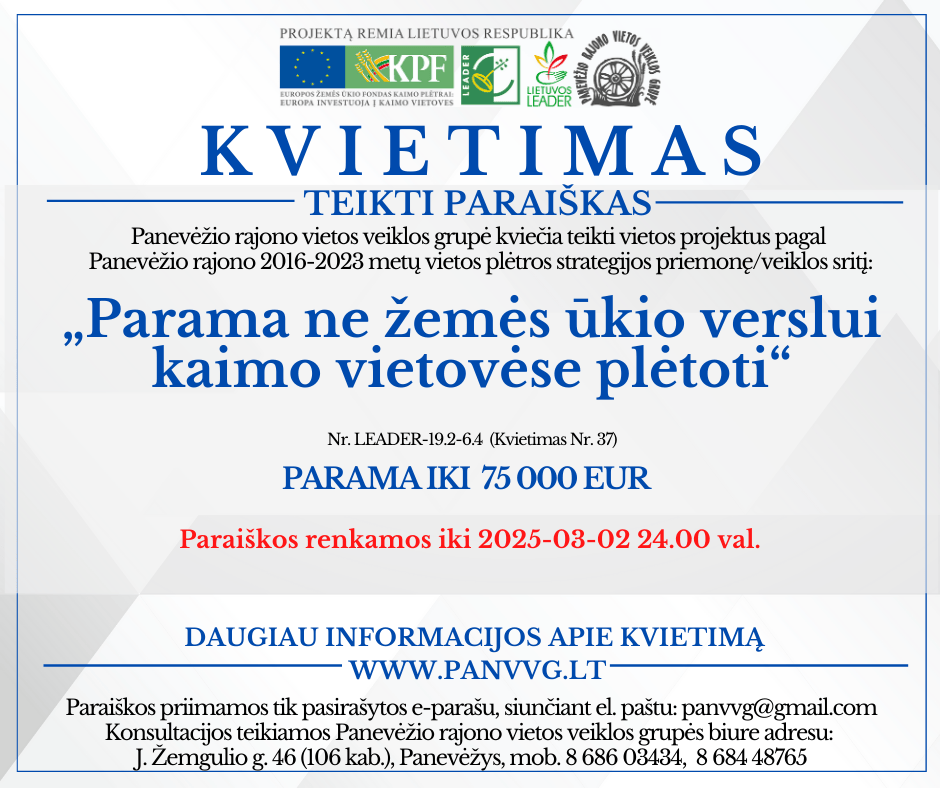 Kvietimas Nr. 37 teikti paraiškas ne žemės ūkio verslo plėtrai Kvietimas Nr. 37 teikti paraiškas ne žemės ūkio verslo plėtrai