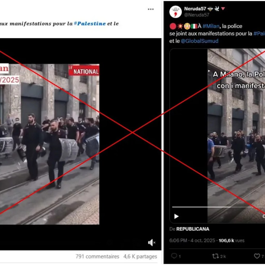 Cette vidéo montre des policiers à Milan en 2021, et non lors d’une manifestation propalestinienne en 2025 Cette vidéo montre des policiers à Milan en 2021, et non lors d’une manifestation propalestinienne en 2025