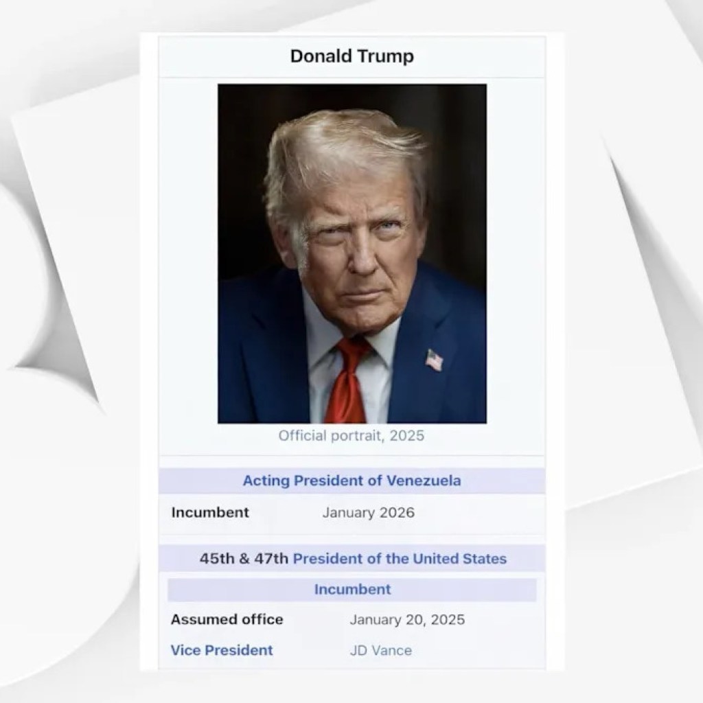 « Président du Venezuela »: Donald Trump relaie sur son réseau social un montage d’une fausse page Wikipédia « Président du Venezuela »: Donald Trump relaie sur son réseau social un montage d’une fausse page Wikipédia