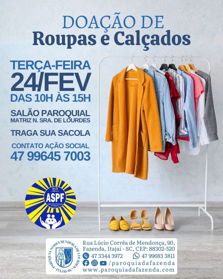 Doação de Roupas e Calçados acontece na próxima terça-feira Doação de Roupas e Calçados acontece na próxima terça-feira