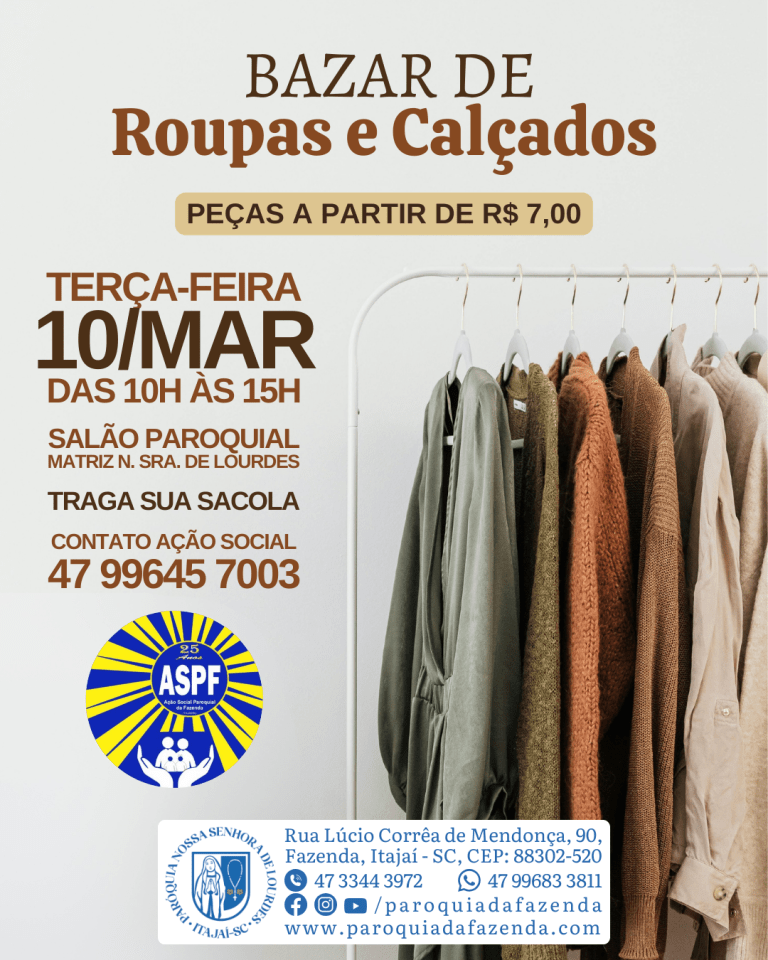 Ação Social Paroquial promove primeiro Bazar de Roupas e Calçados de 2026 Ação Social Paroquial promove primeiro Bazar de Roupas e Calçados de 2026