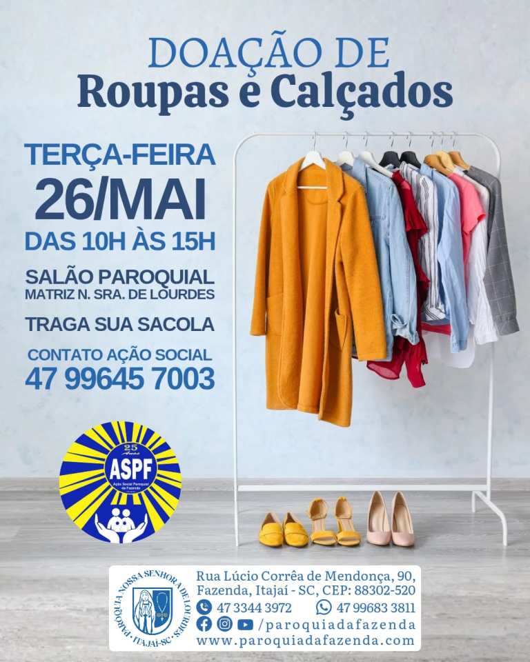 Ação Social Paroquial realiza doação mensal de roupas e calçados Ação Social Paroquial realiza doação mensal de roupas e calçados