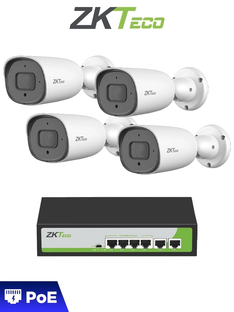 ZKTECO POE4255CPAK – Paquete de 4 Cámaras IP Bullet Full Color 5MP BS8
