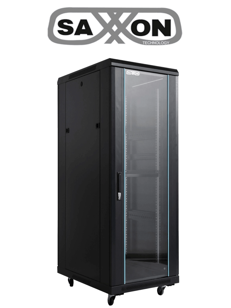 SAXXON SXR32U6632S – Gabinete de Piso 32UR, Negro, Puerta de Vidrio Te