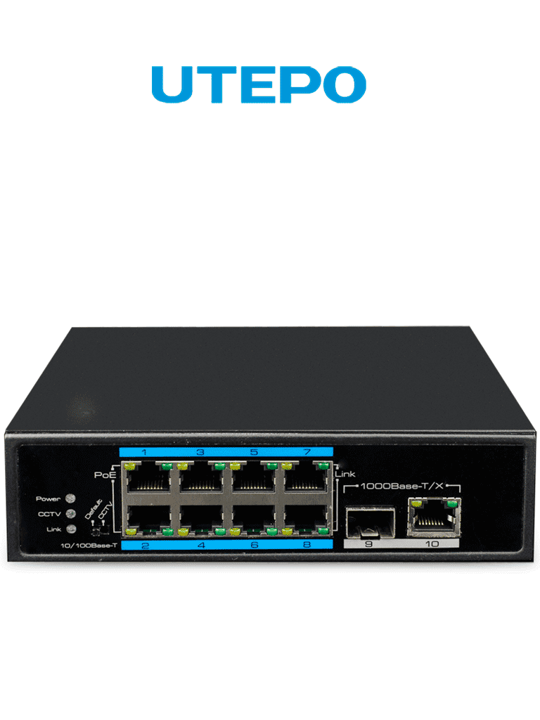 UTEPO UTP7108EPOE – Switch industrial PoE+ de 10 puertos: 8 PoE 10 100