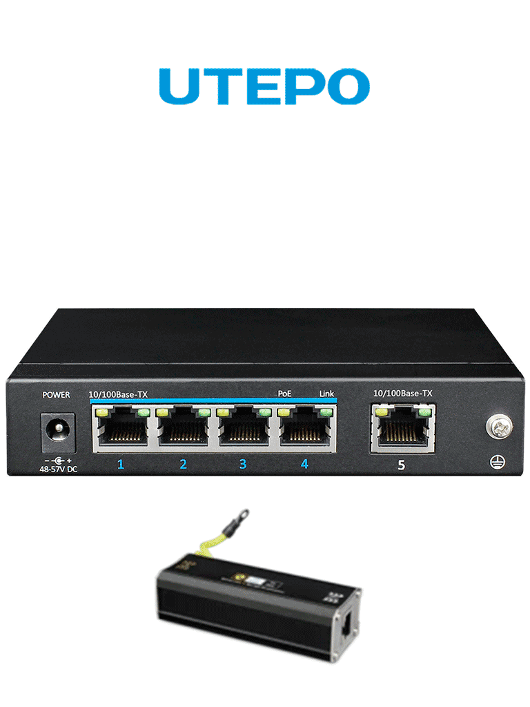 KIT- Switch UTEPO PoE de 5 puertos Fast Ethernet, 4 puertos PoE, 60W t
